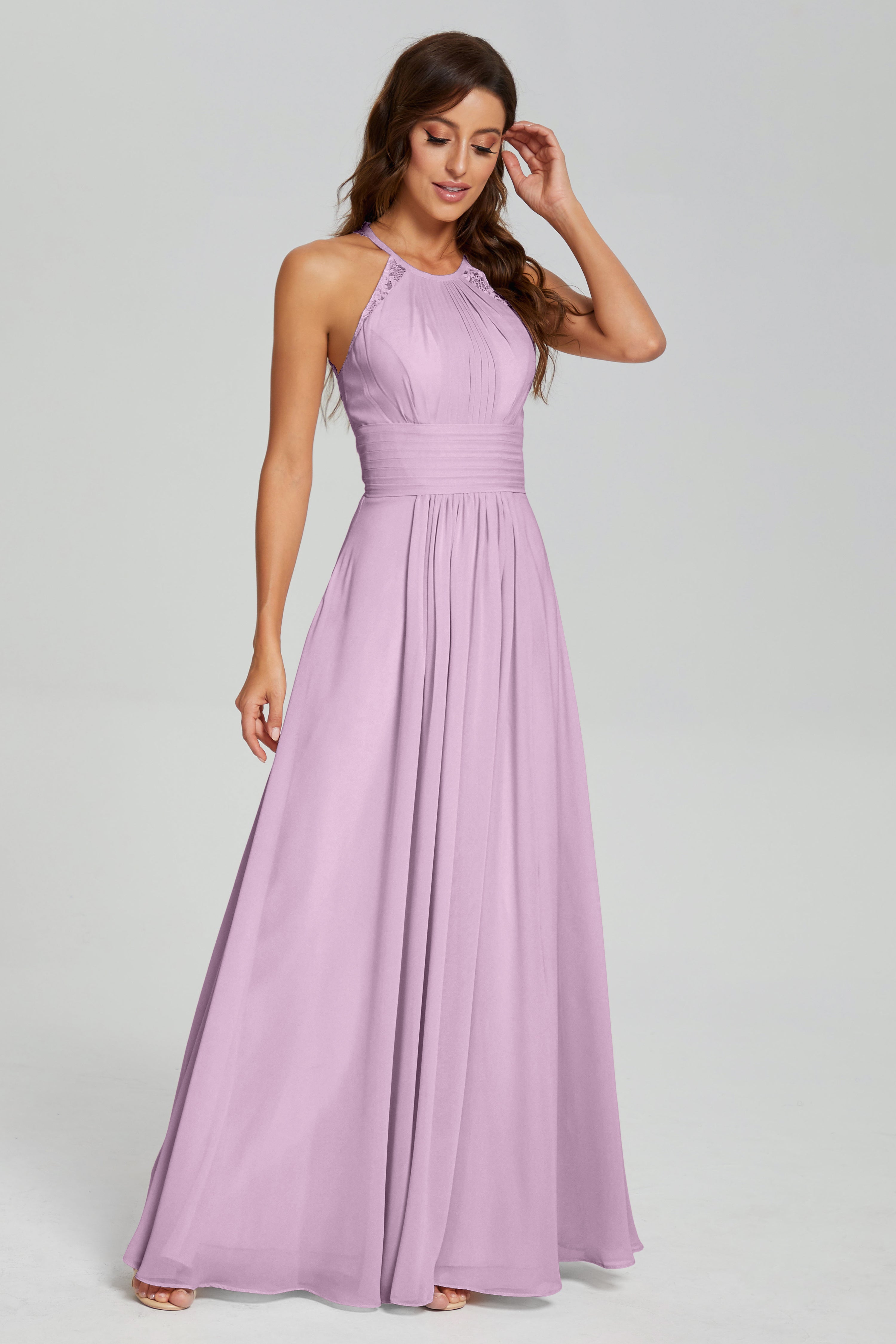 Pleating Halter Lace Chiffon Prom Dresses