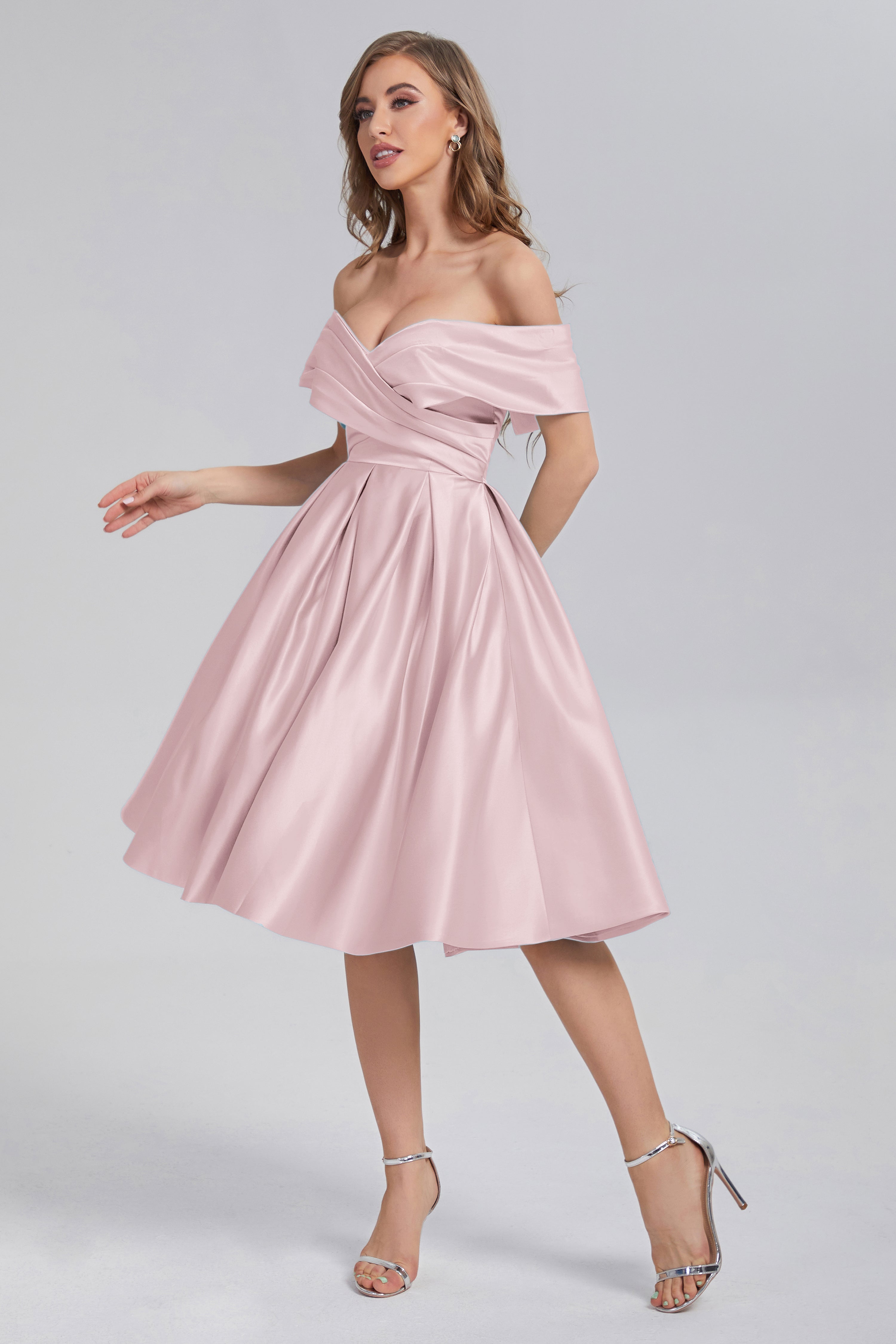 A-line Off the Shoulder Satin Short Prom Dresses