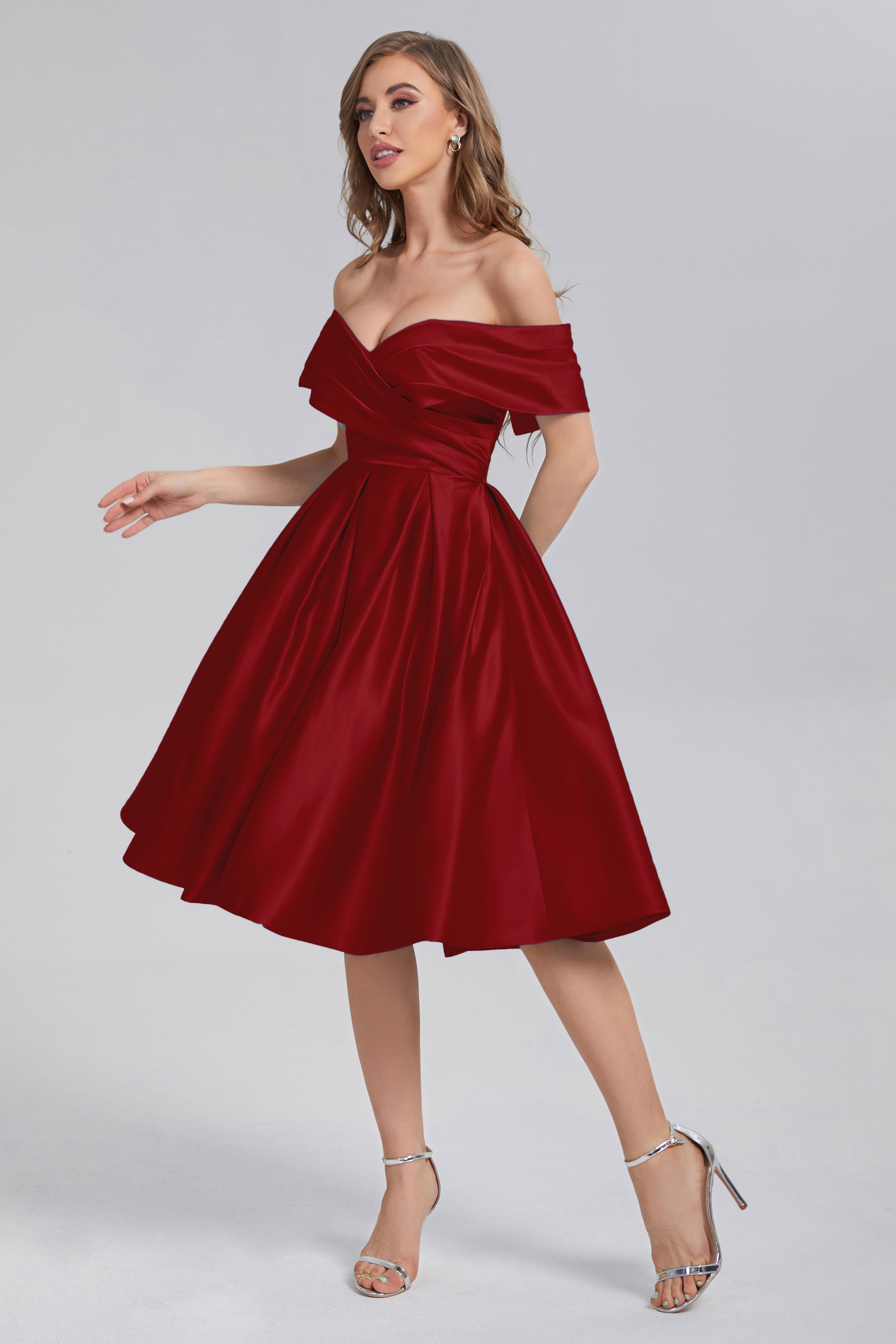 A-line Off the Shoulder Satin Short Prom Dresses