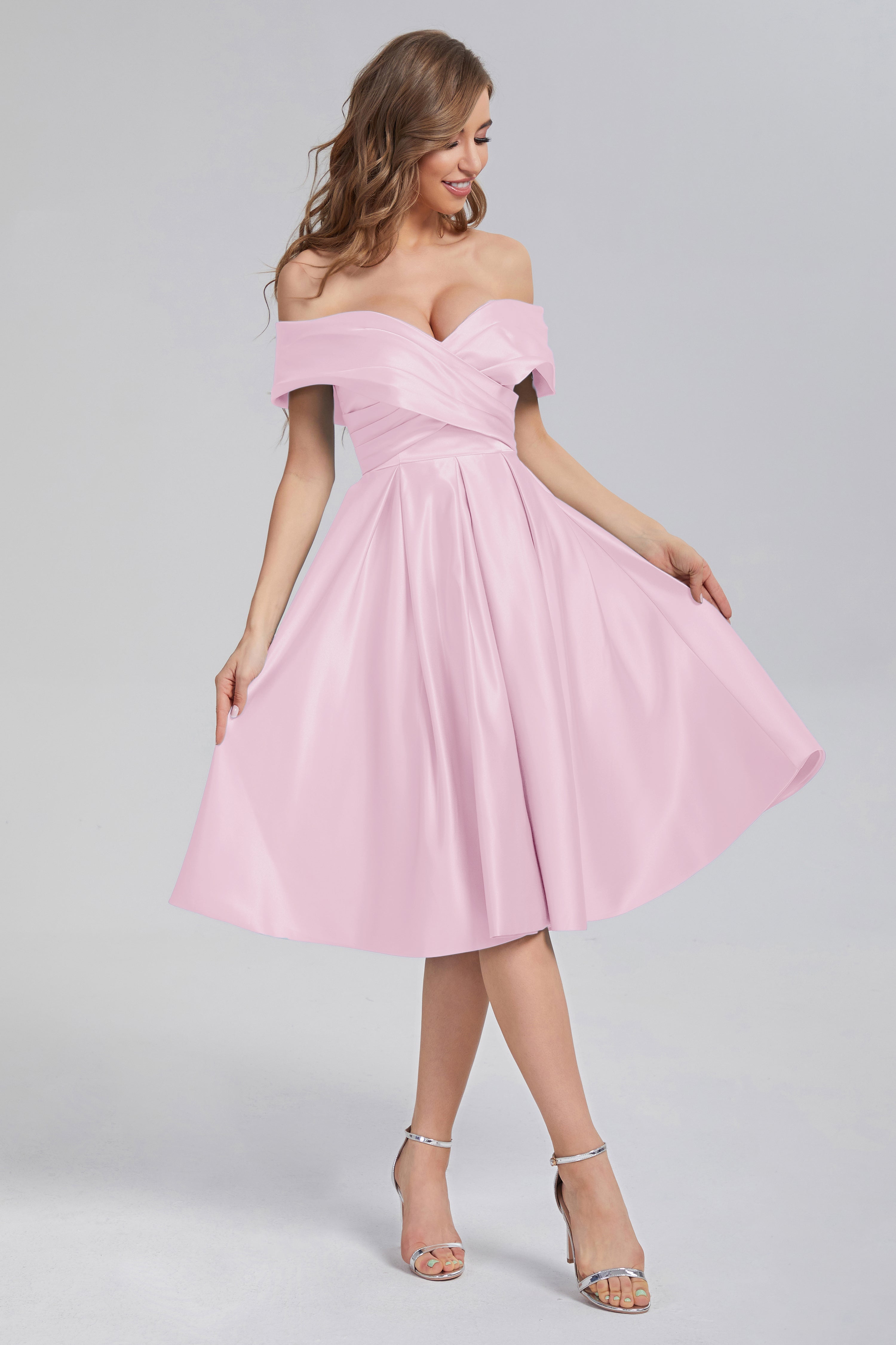 A-line Off the Shoulder Satin Short Prom Dresses