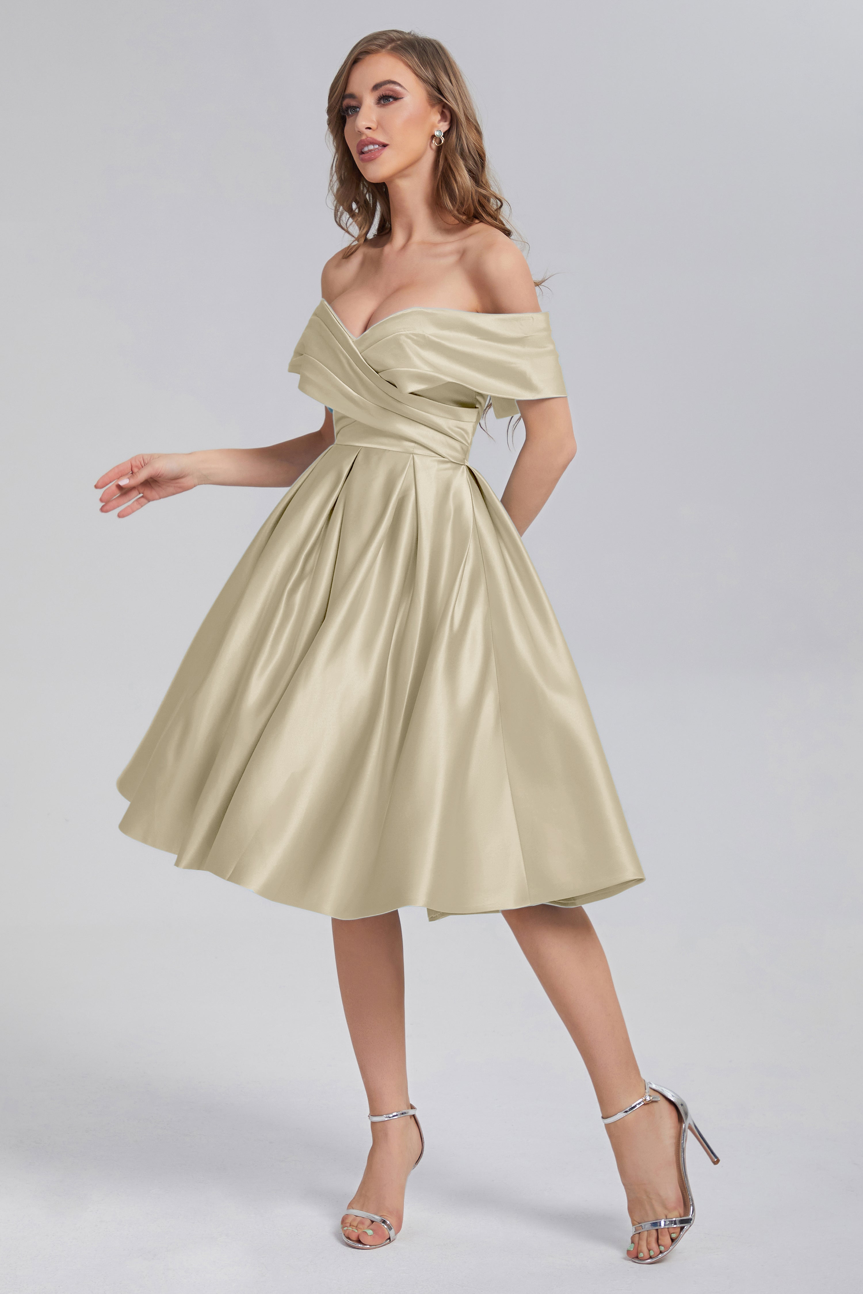 A-line Off the Shoulder Satin Short Prom Dresses