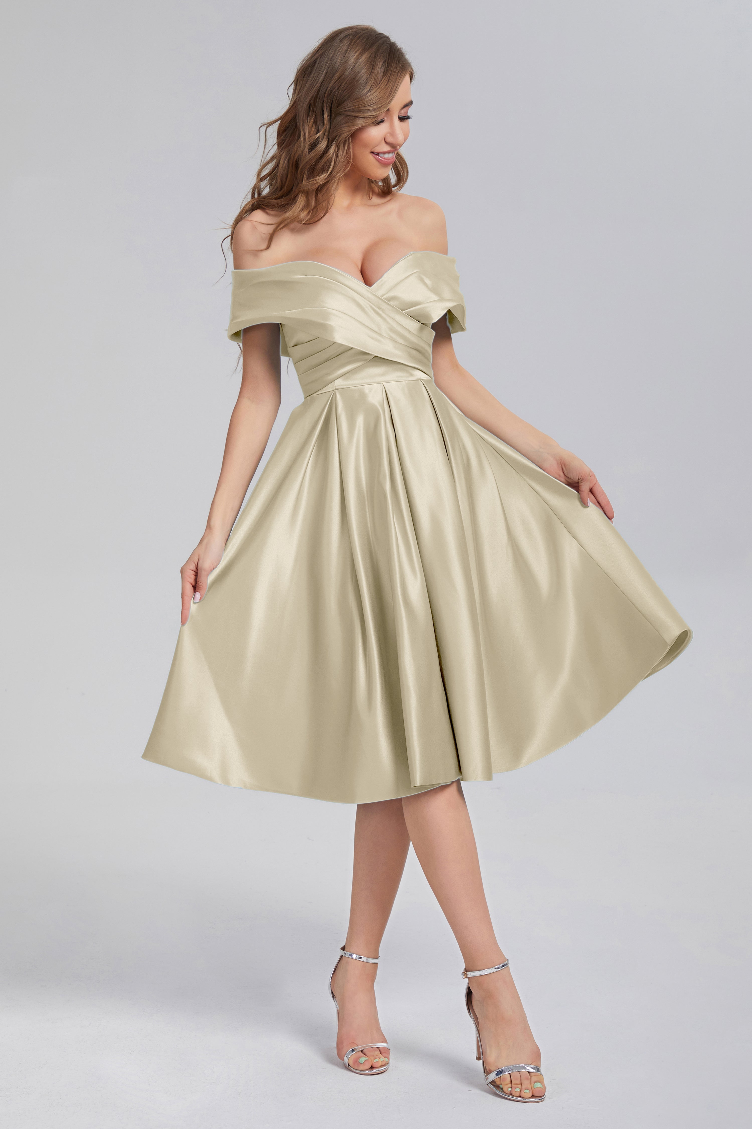 A-line Off the Shoulder Satin Short Prom Dresses