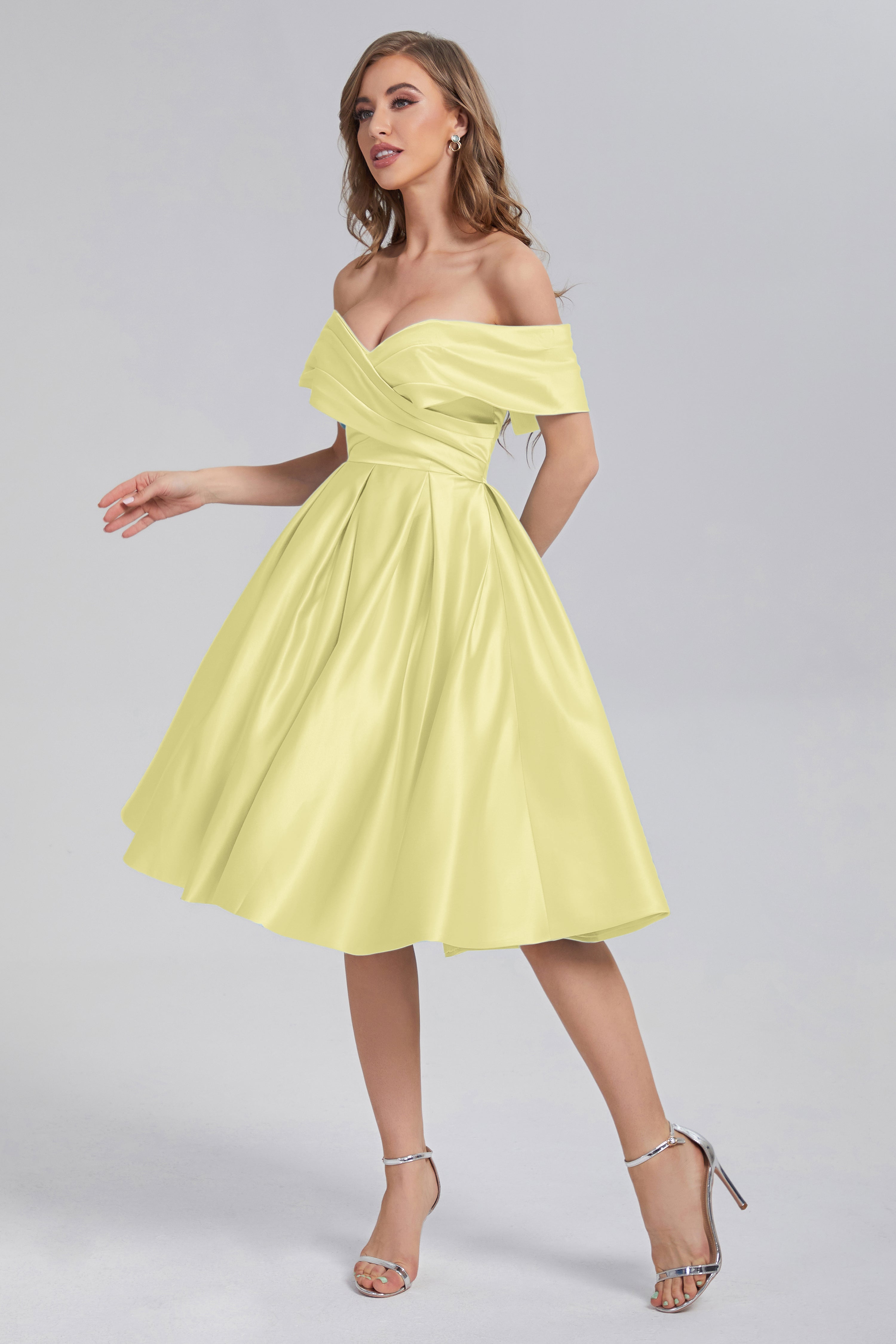 A-line Off the Shoulder Satin Short Prom Dresses