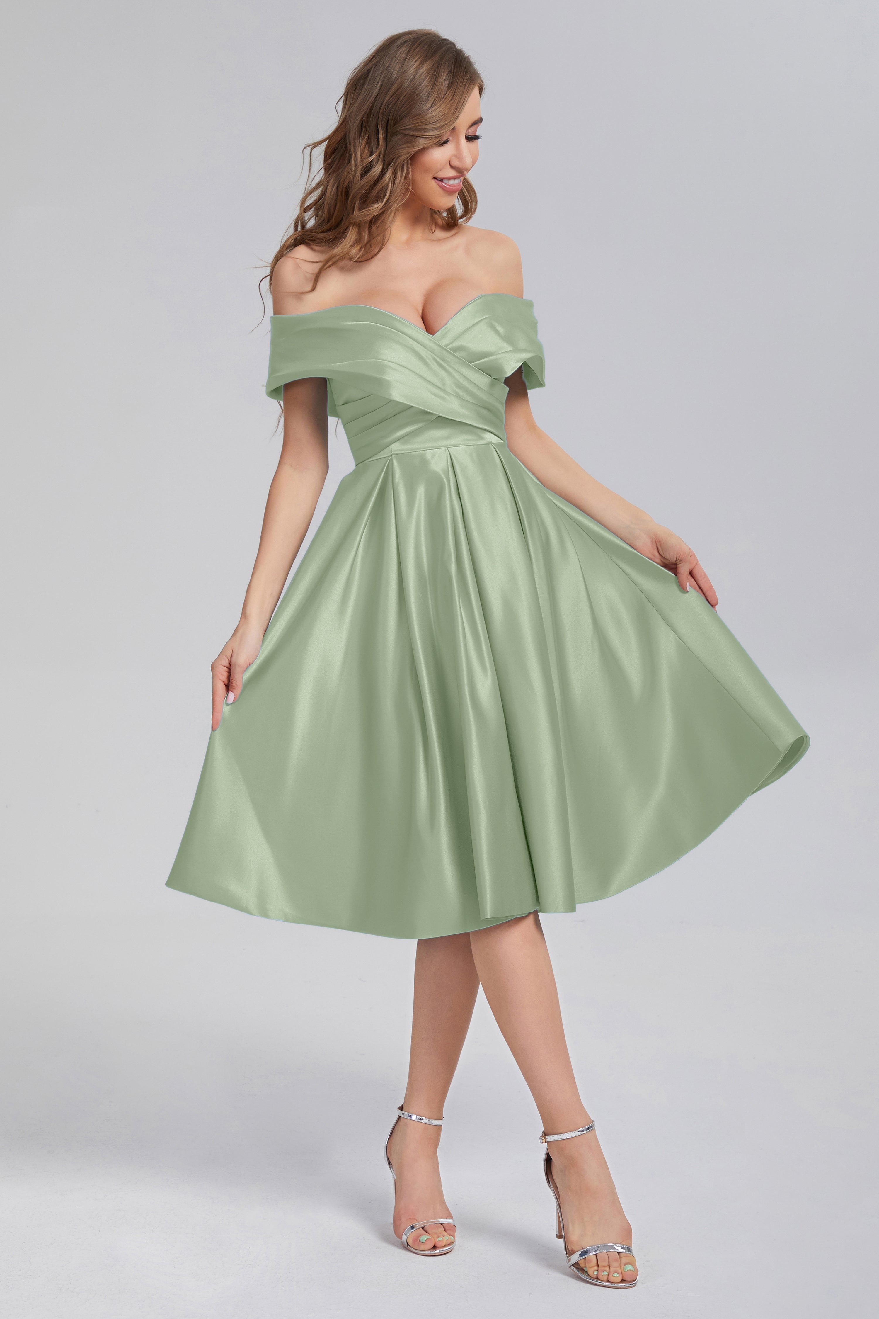 A-line Off the Shoulder Satin Short Prom Dresses