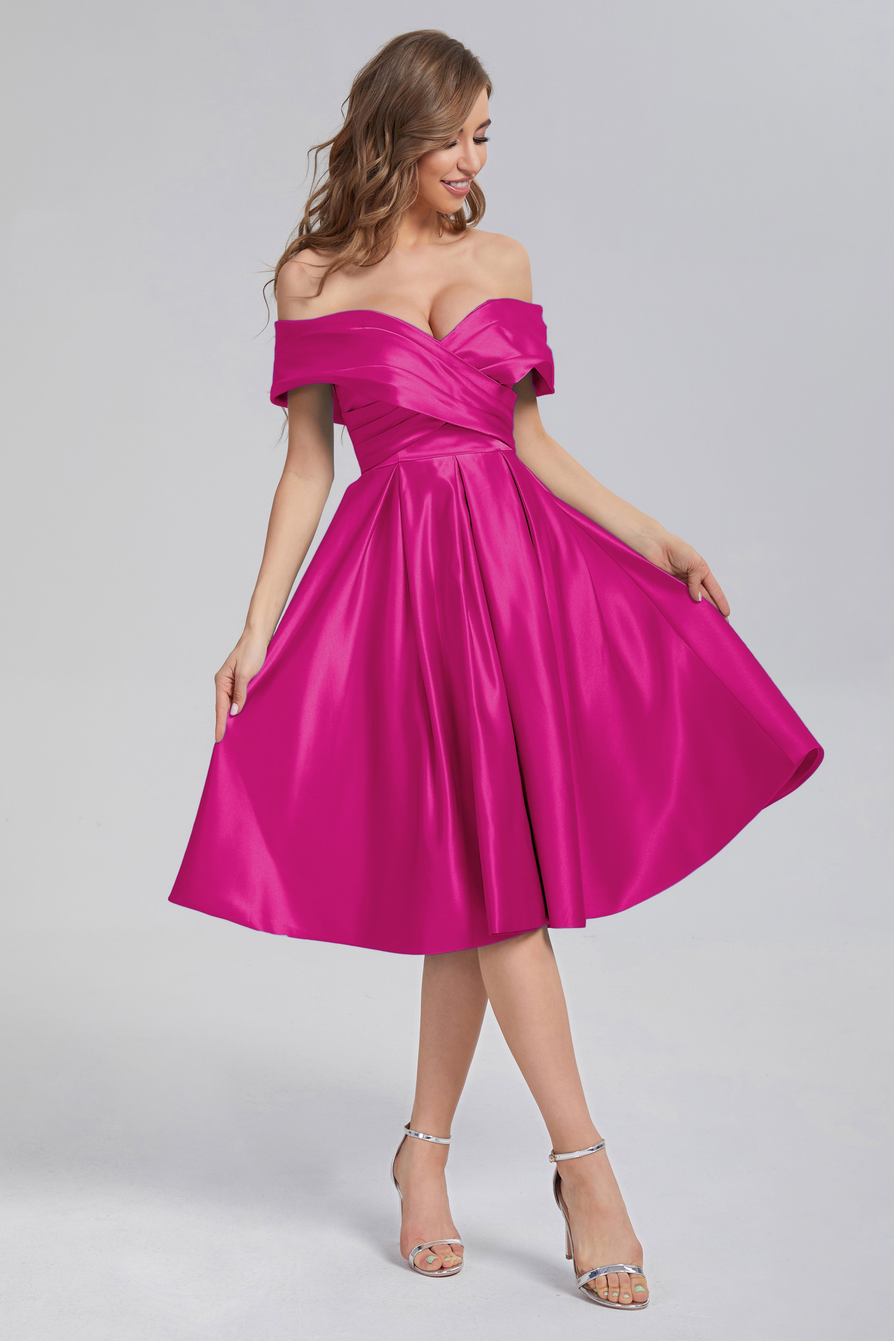 A-line Off the Shoulder Satin Short Prom Dresses