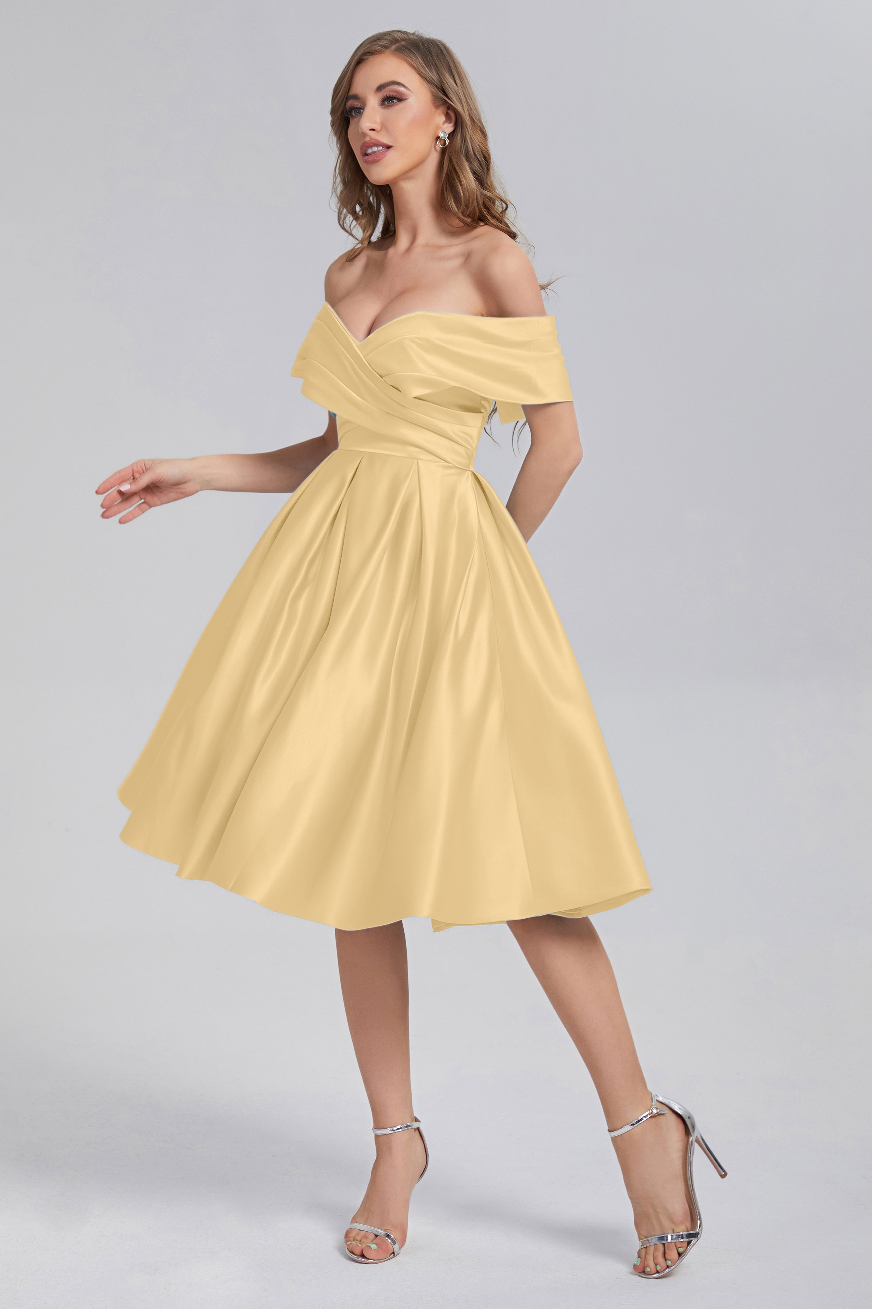 A-line Off the Shoulder Satin Short Prom Dresses