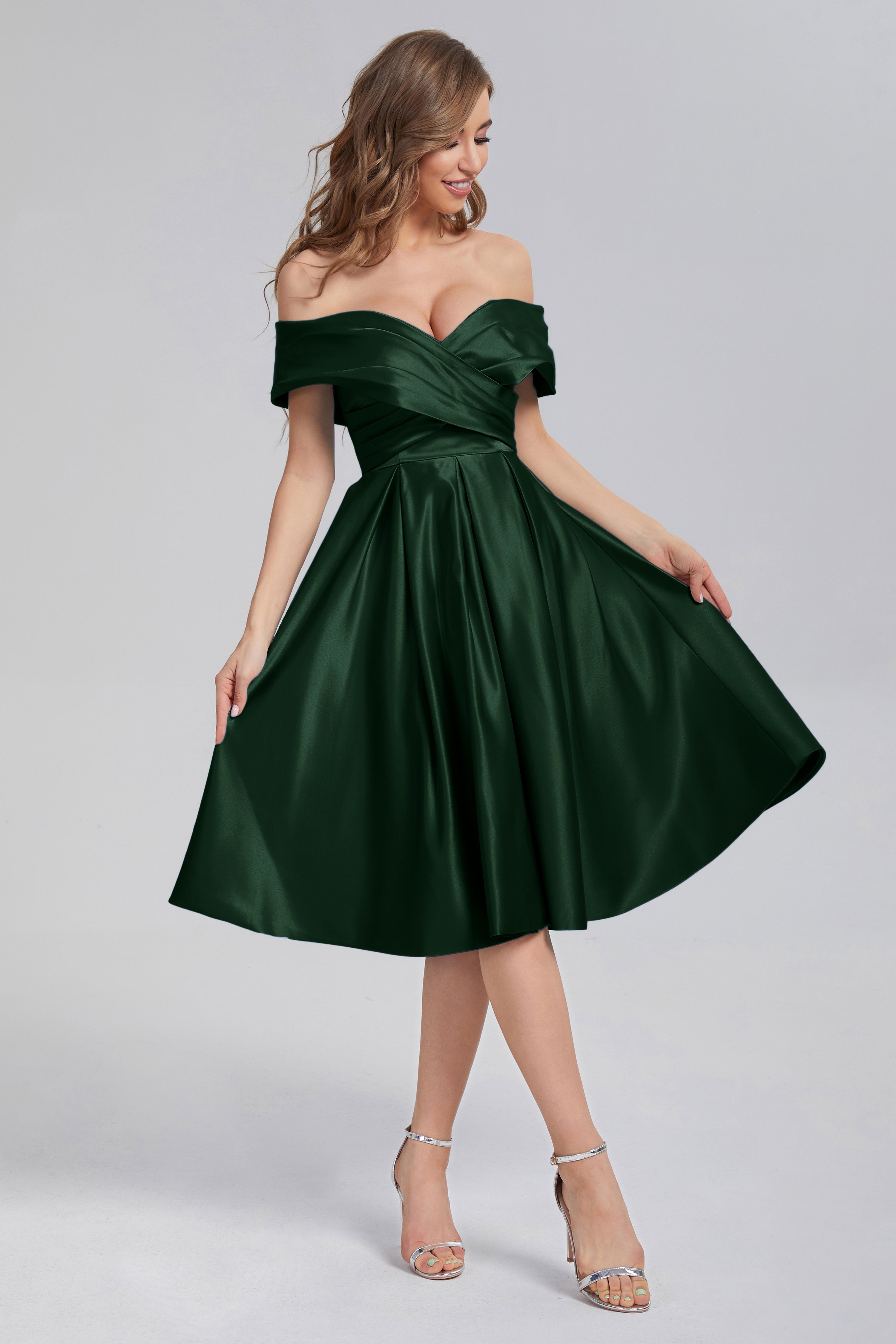 A-line Off the Shoulder Satin Short Prom Dresses