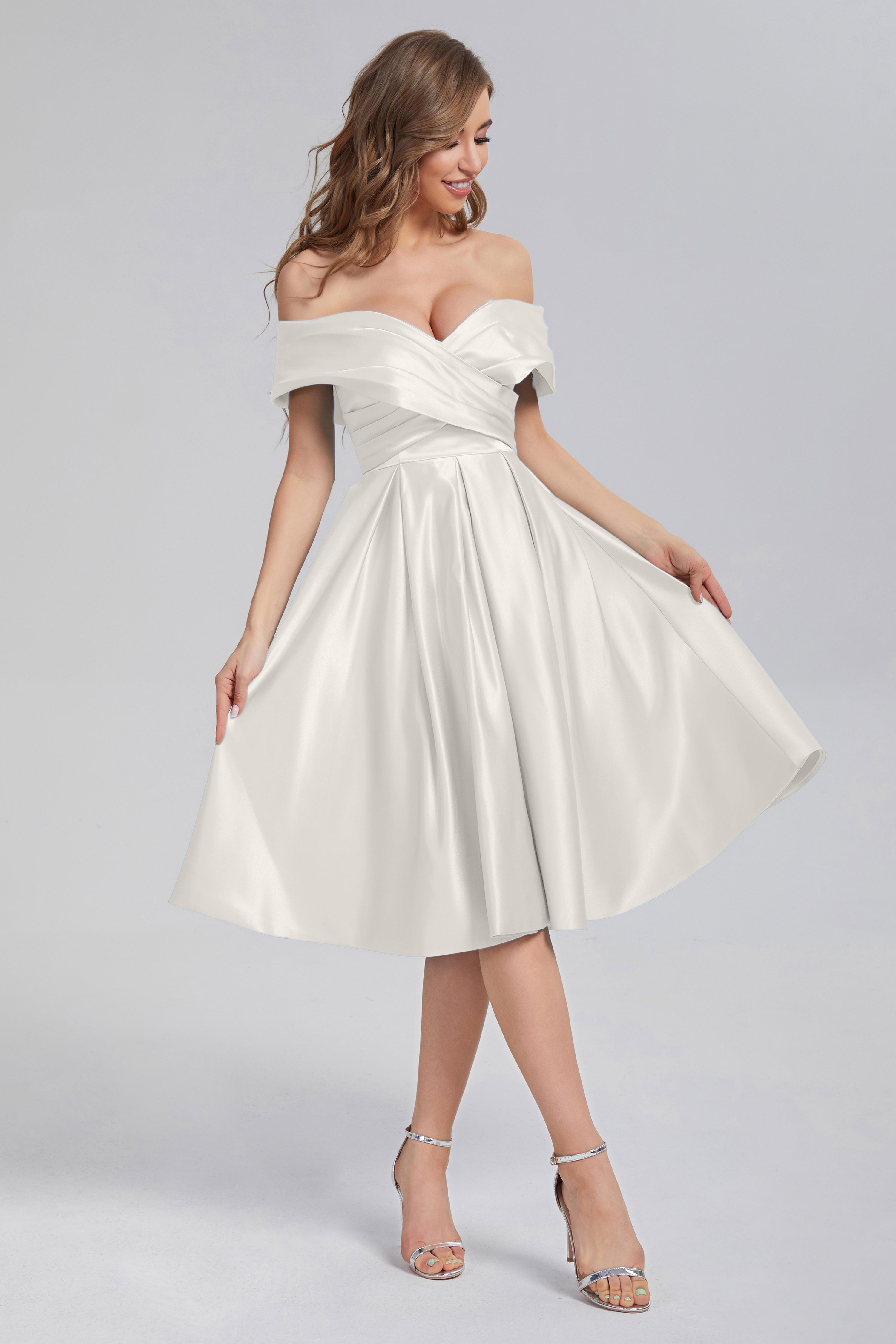 A-line Off the Shoulder Satin Short Prom Dresses