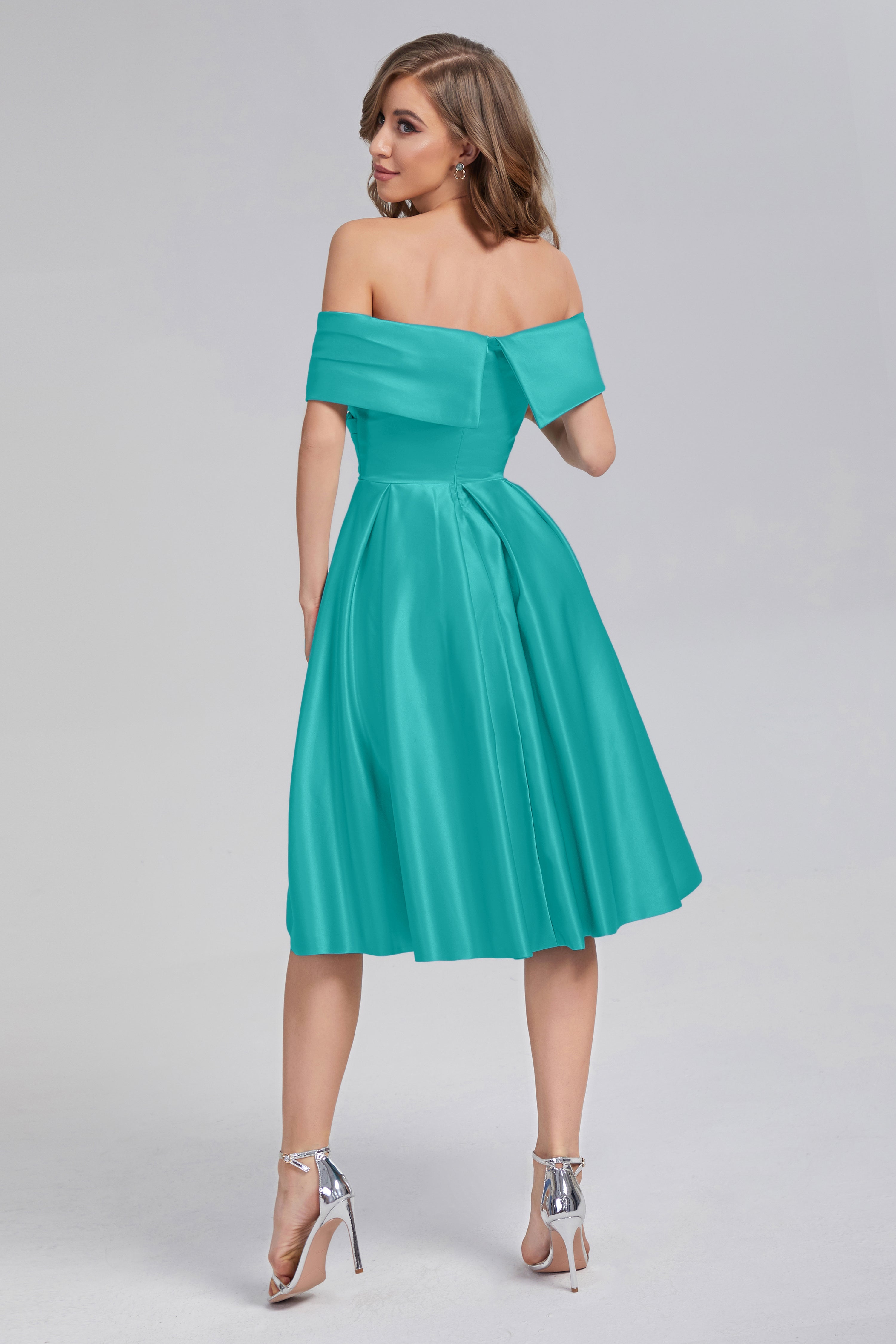 A-line Off the Shoulder Satin Short Prom Dresses