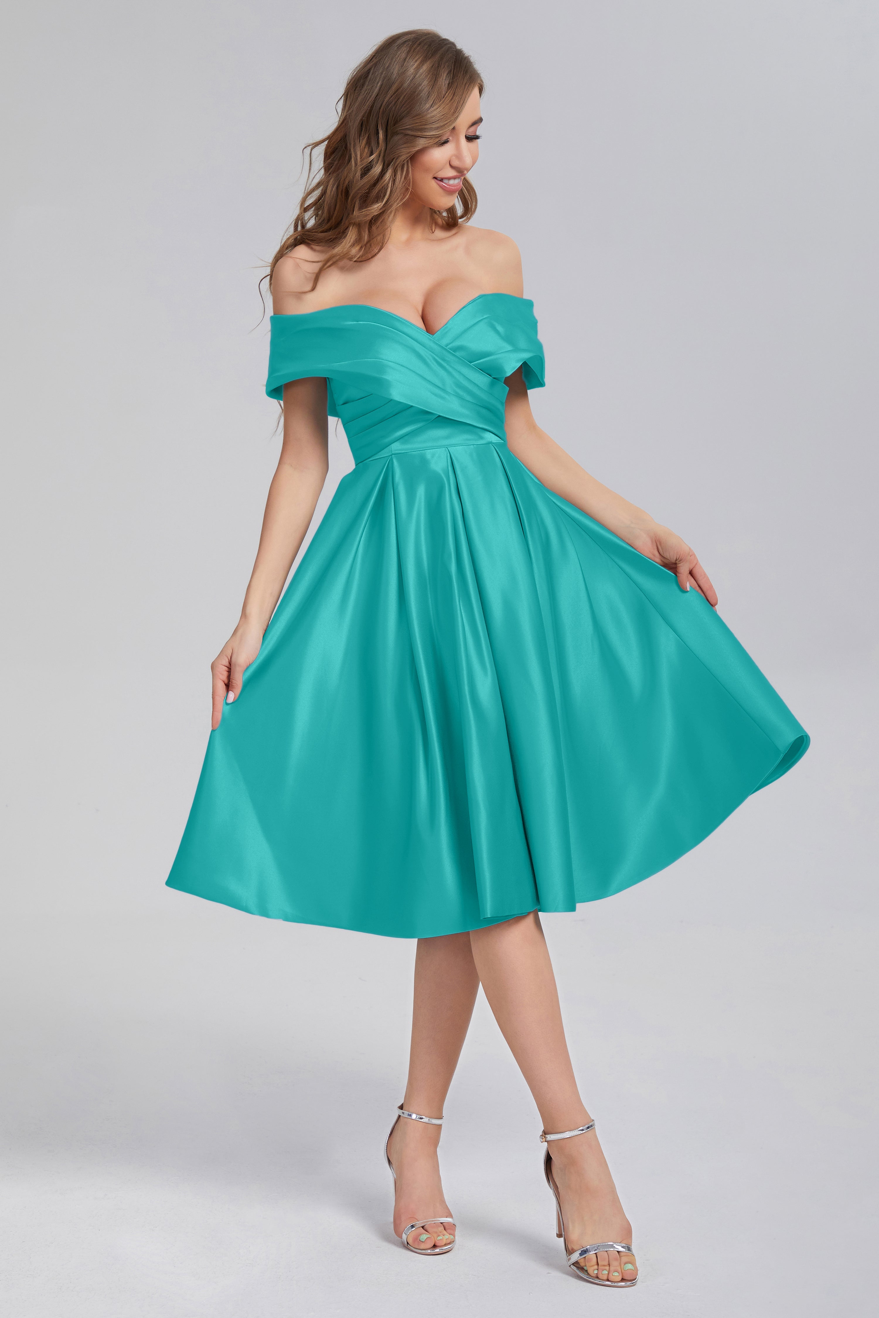 A-line Off the Shoulder Satin Short Prom Dresses