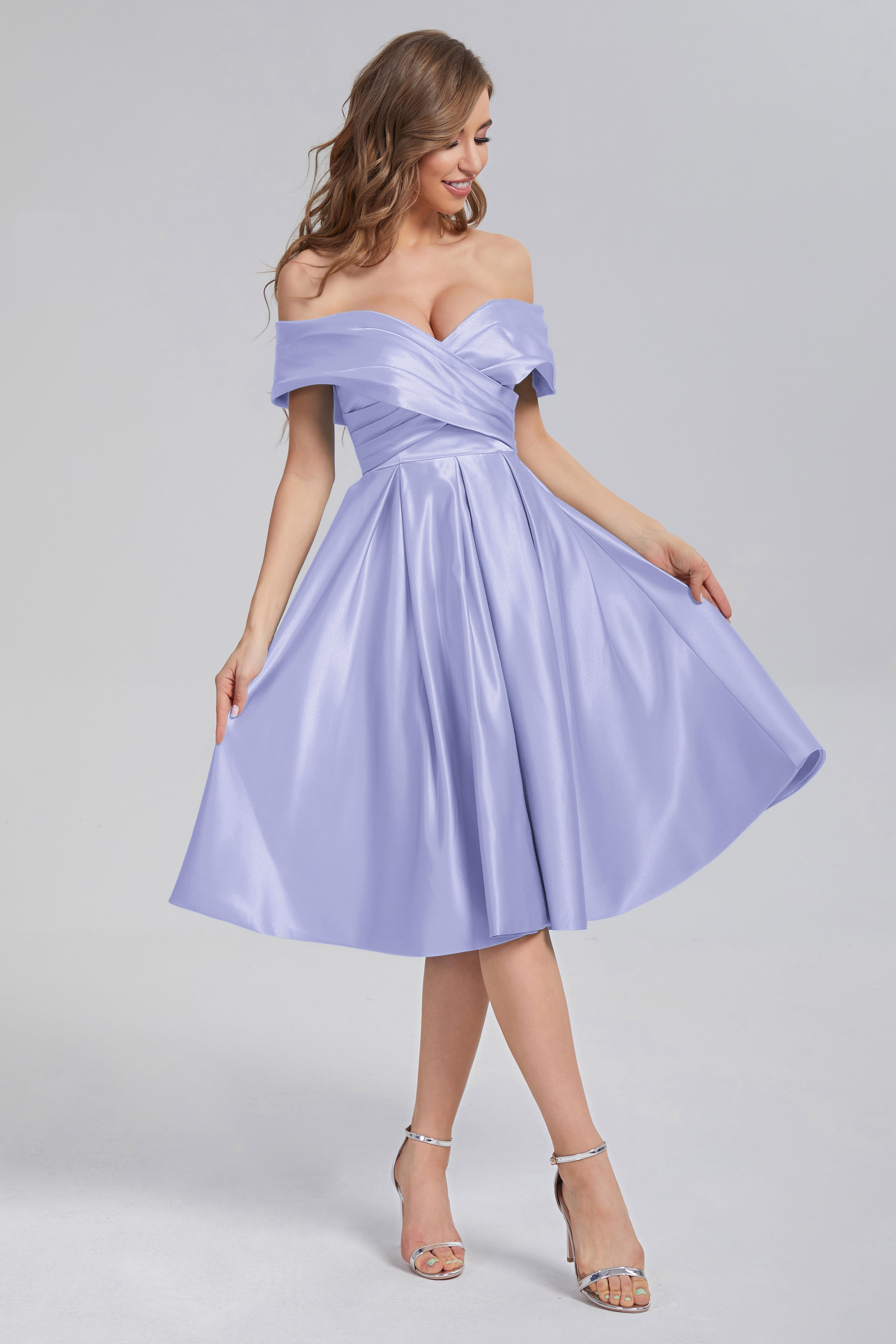 A-line Off the Shoulder Satin Short Prom Dresses