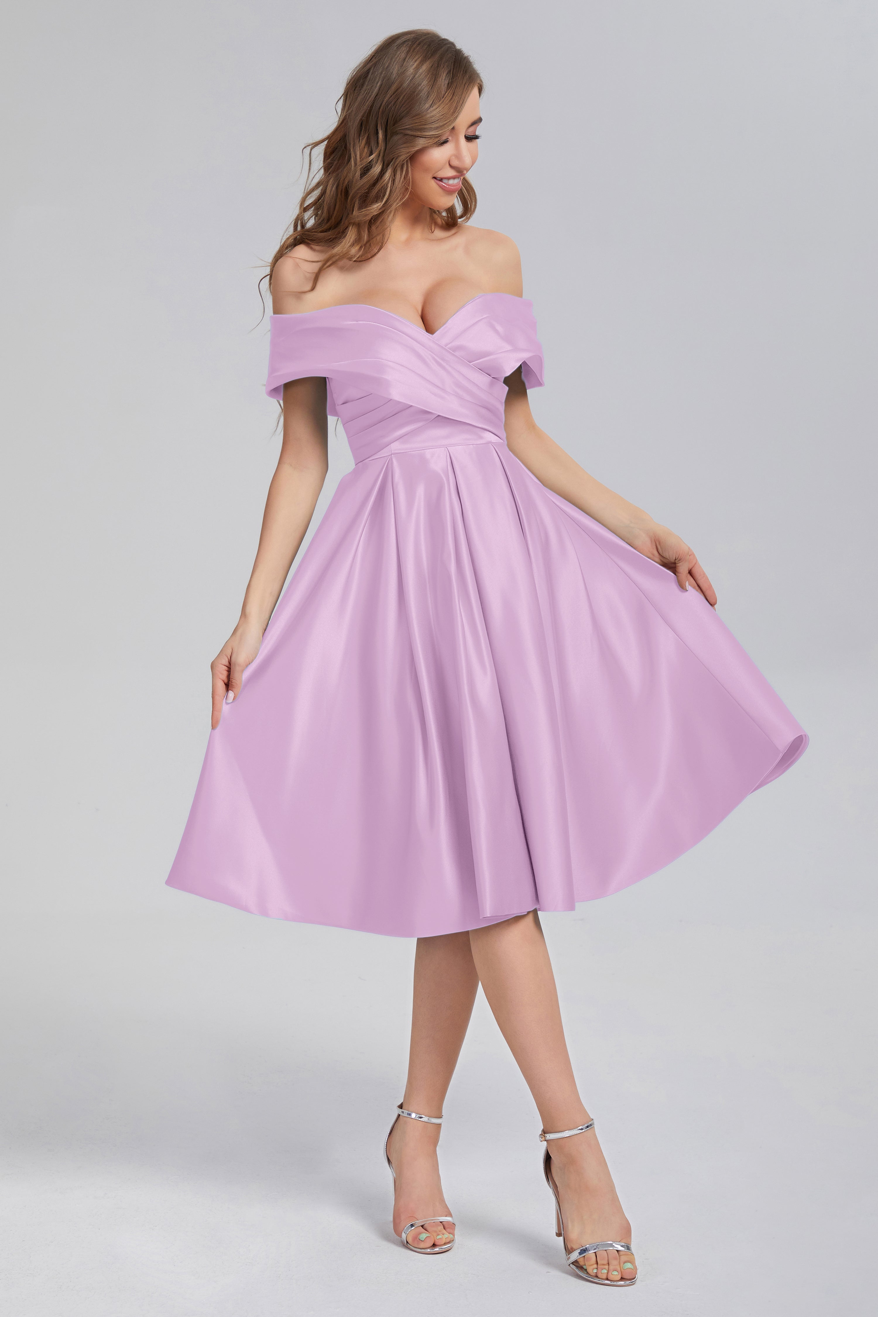 A-line Off the Shoulder Satin Short Prom Dresses