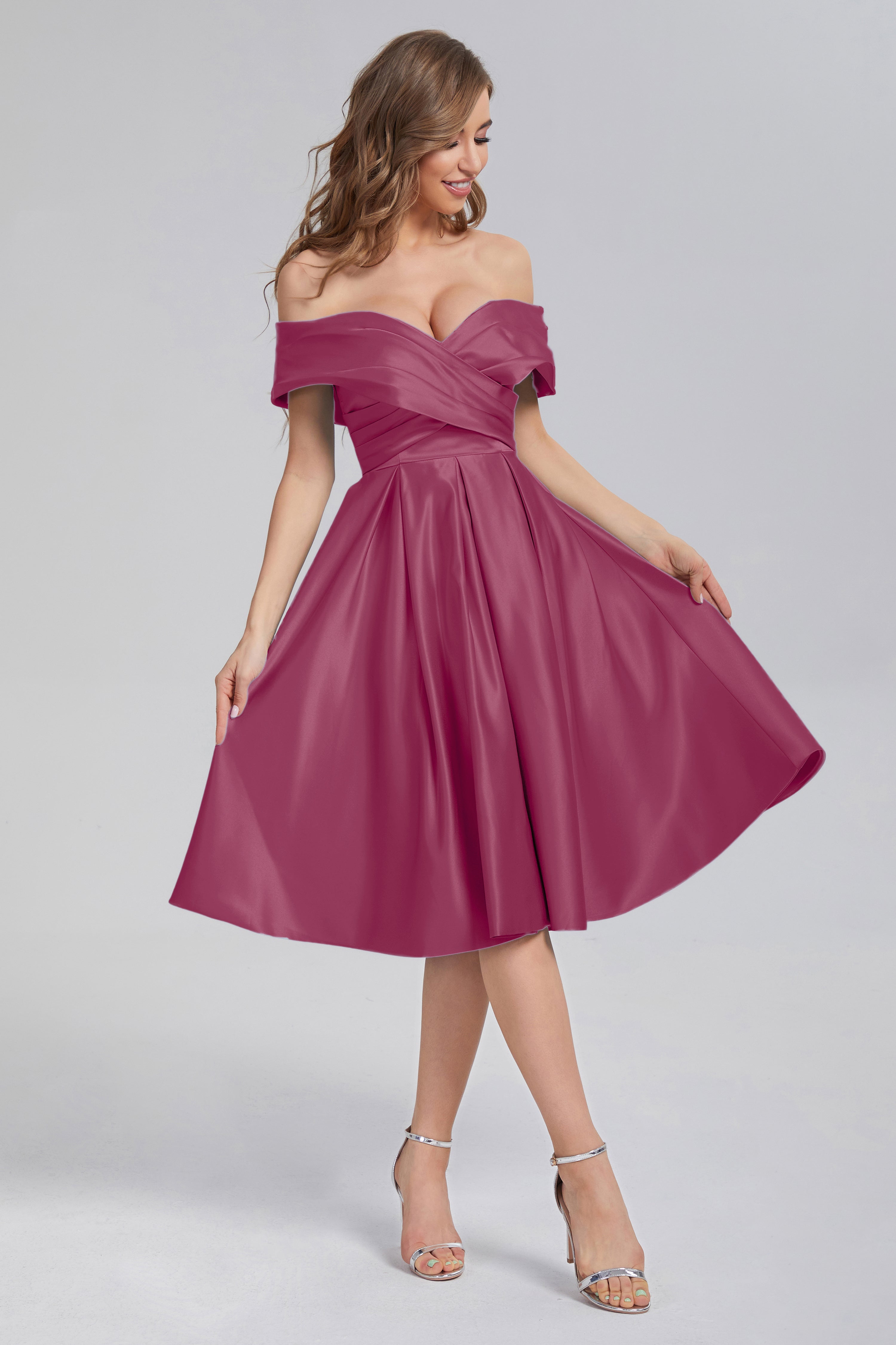 A-line Off the Shoulder Satin Short Prom Dresses