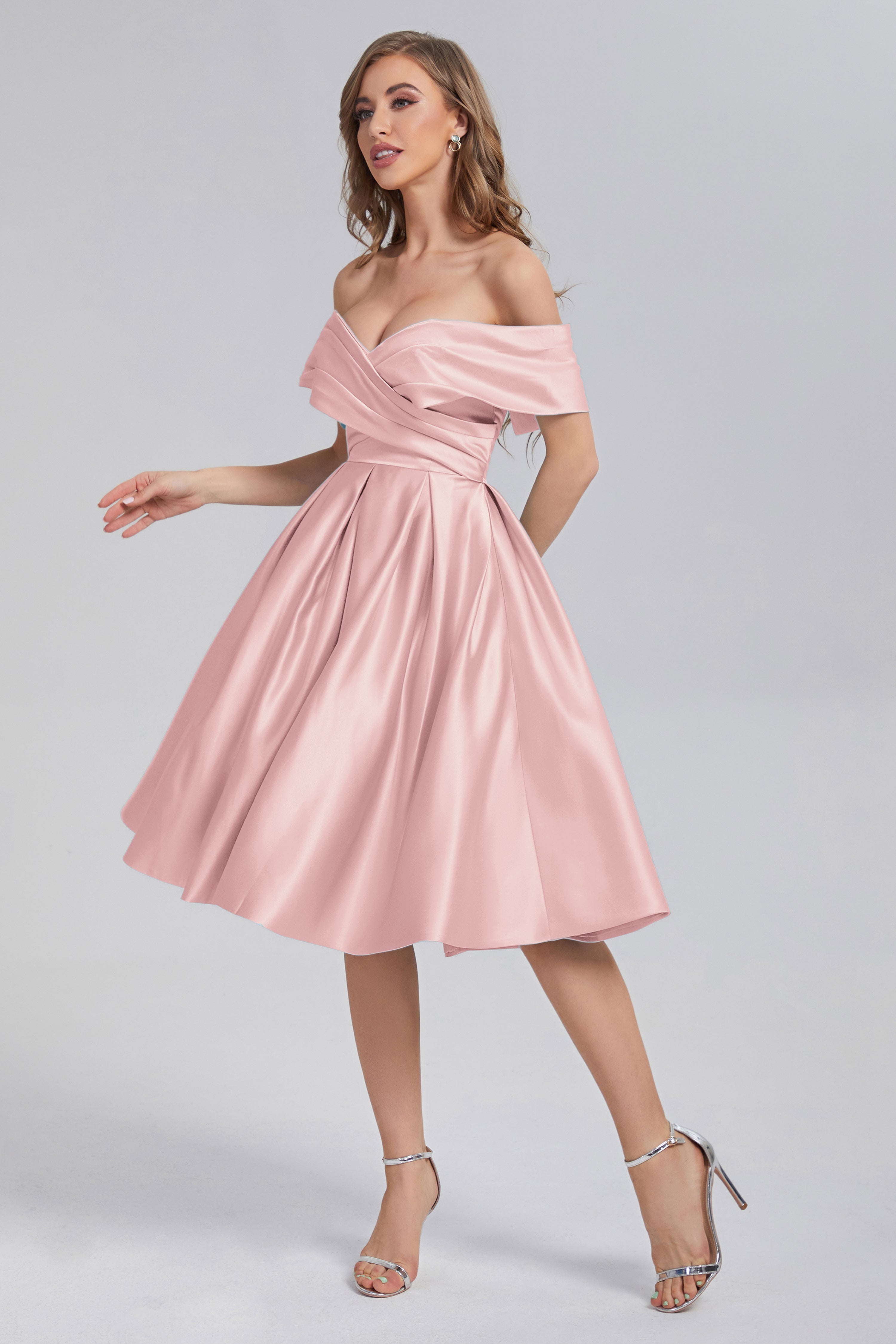 A-line Off the Shoulder Satin Short Prom Dresses