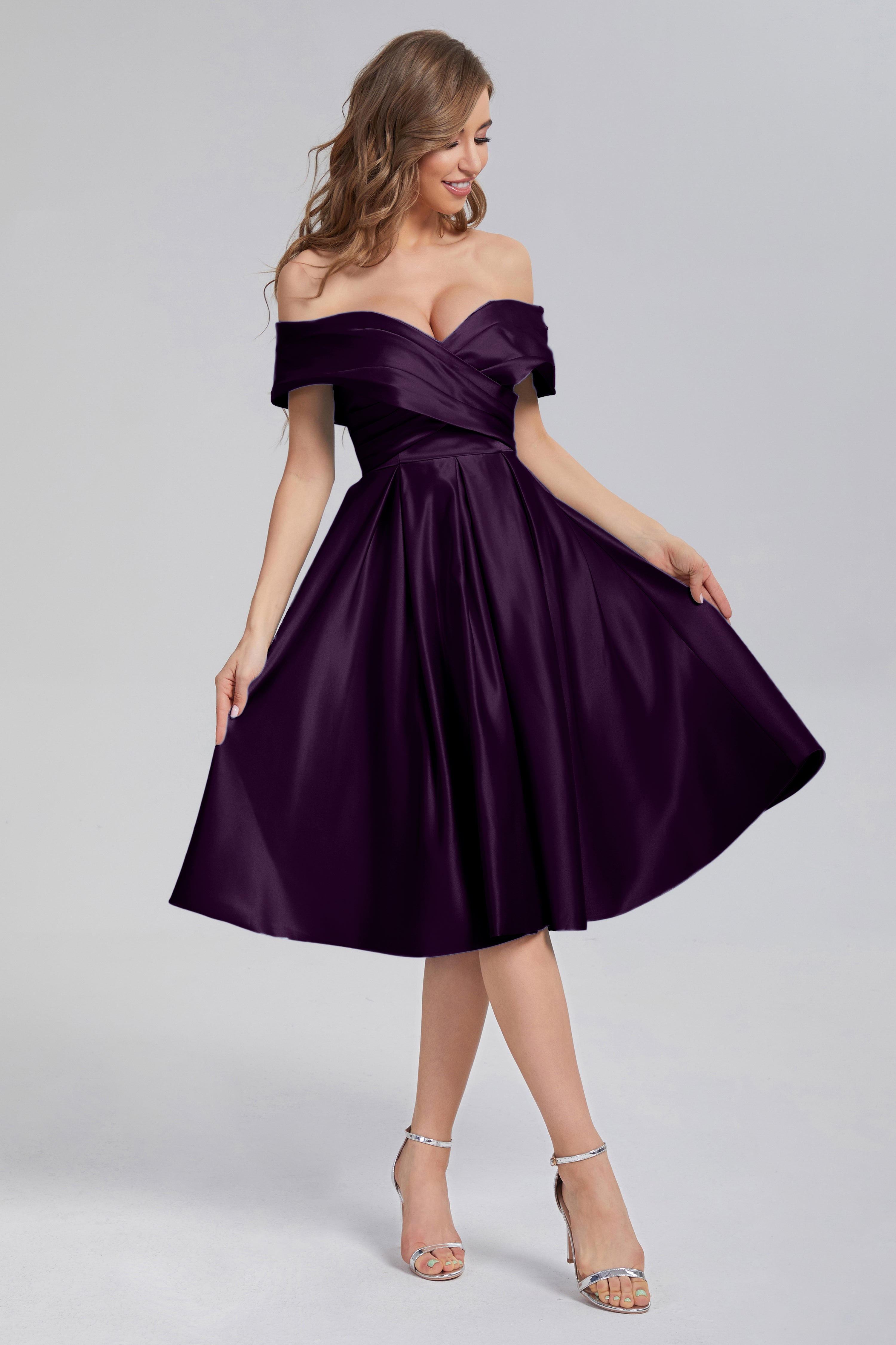 A-line Off the Shoulder Satin Short Prom Dresses