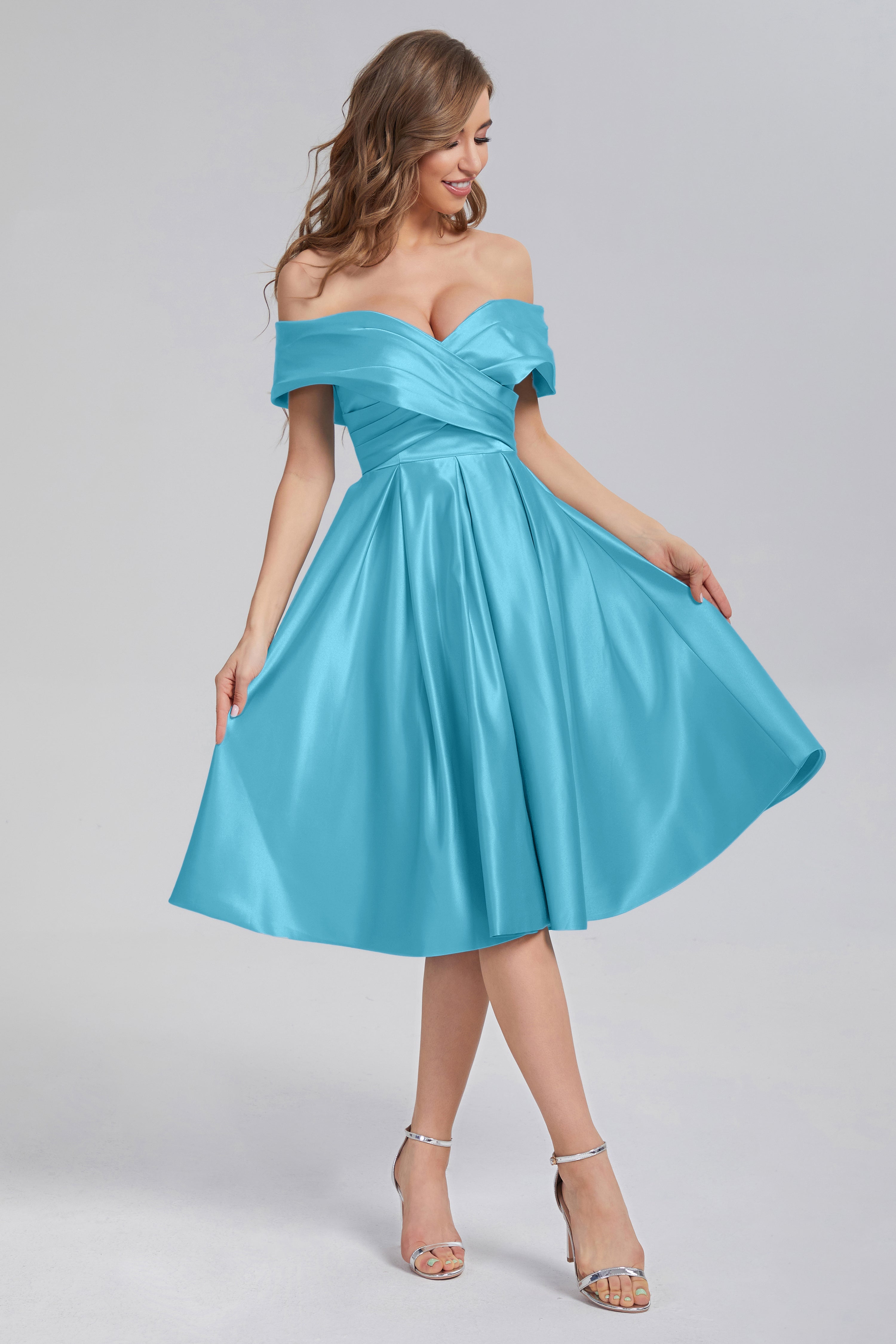 A-line Off the Shoulder Satin Short Prom Dresses