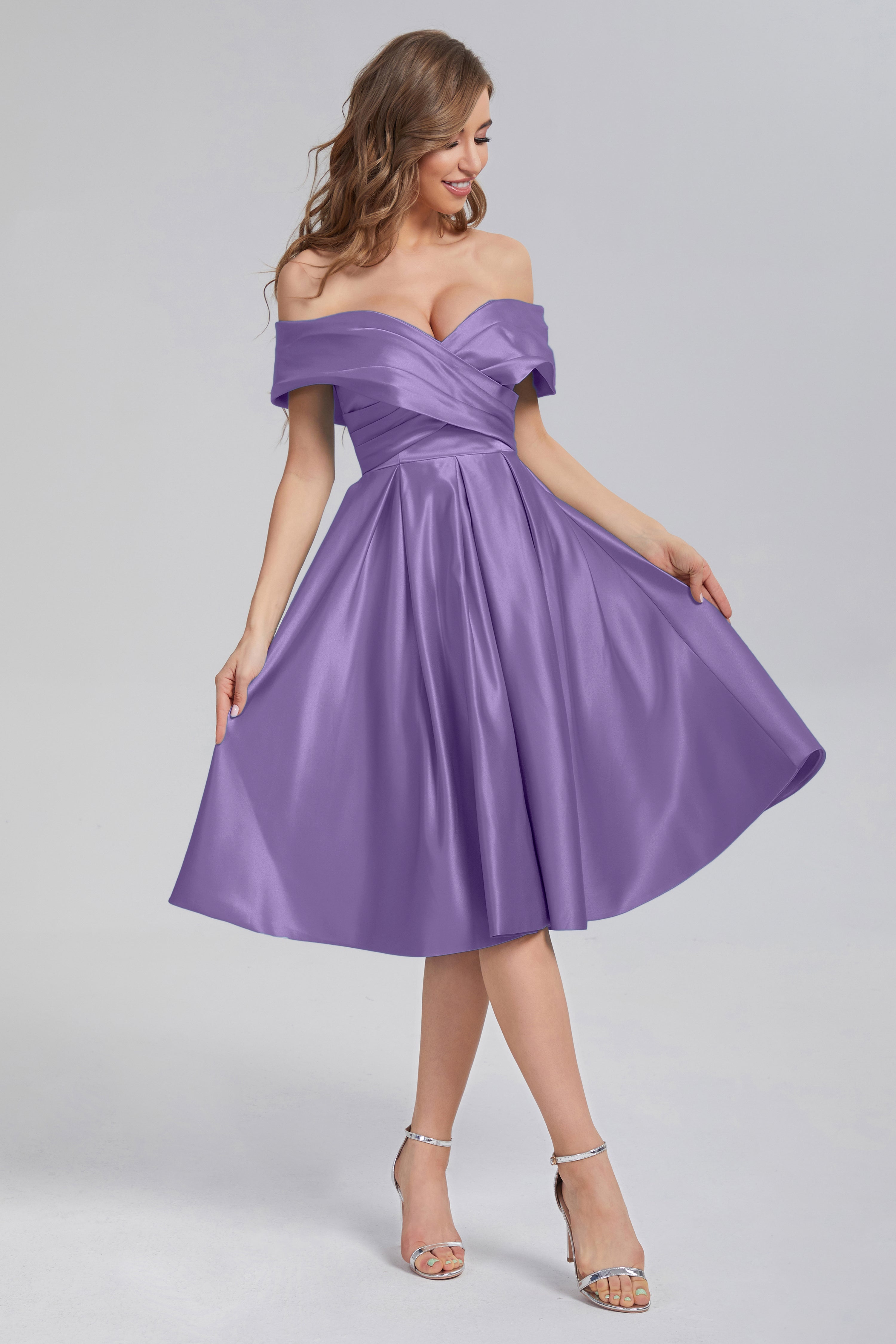 A-line Off the Shoulder Satin Short Prom Dresses