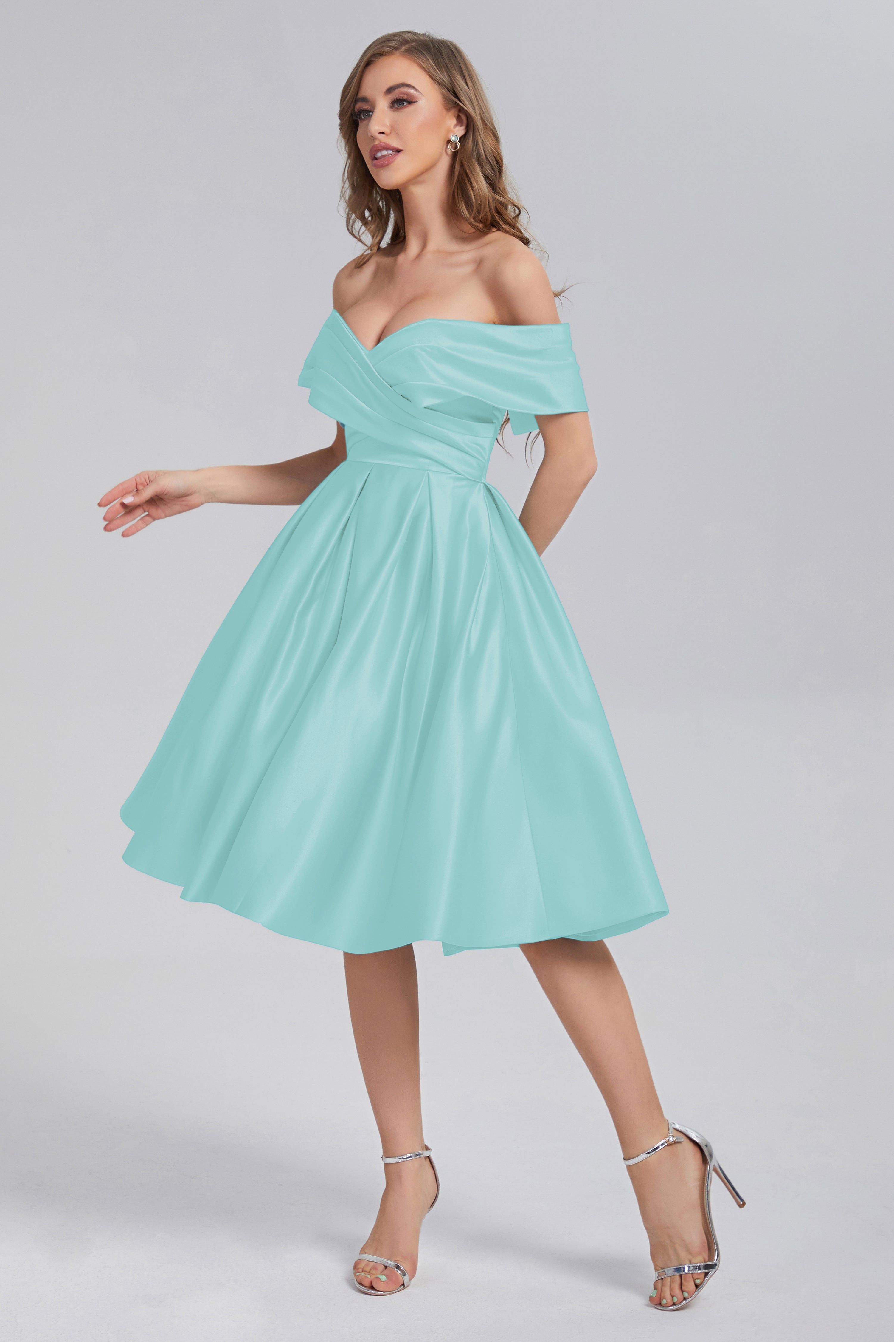 A-line Off the Shoulder Satin Short Prom Dresses