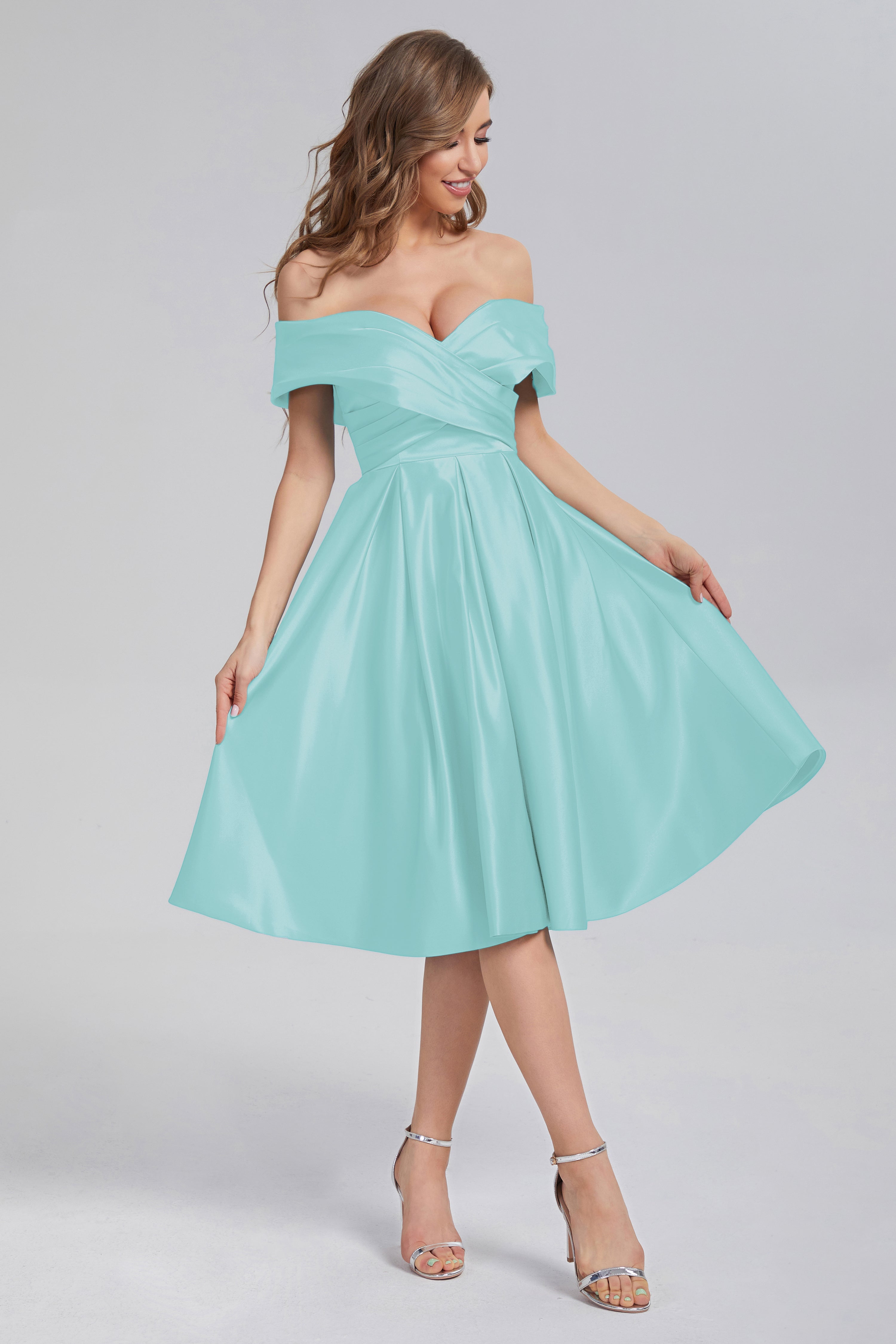 A-line Off the Shoulder Satin Short Prom Dresses