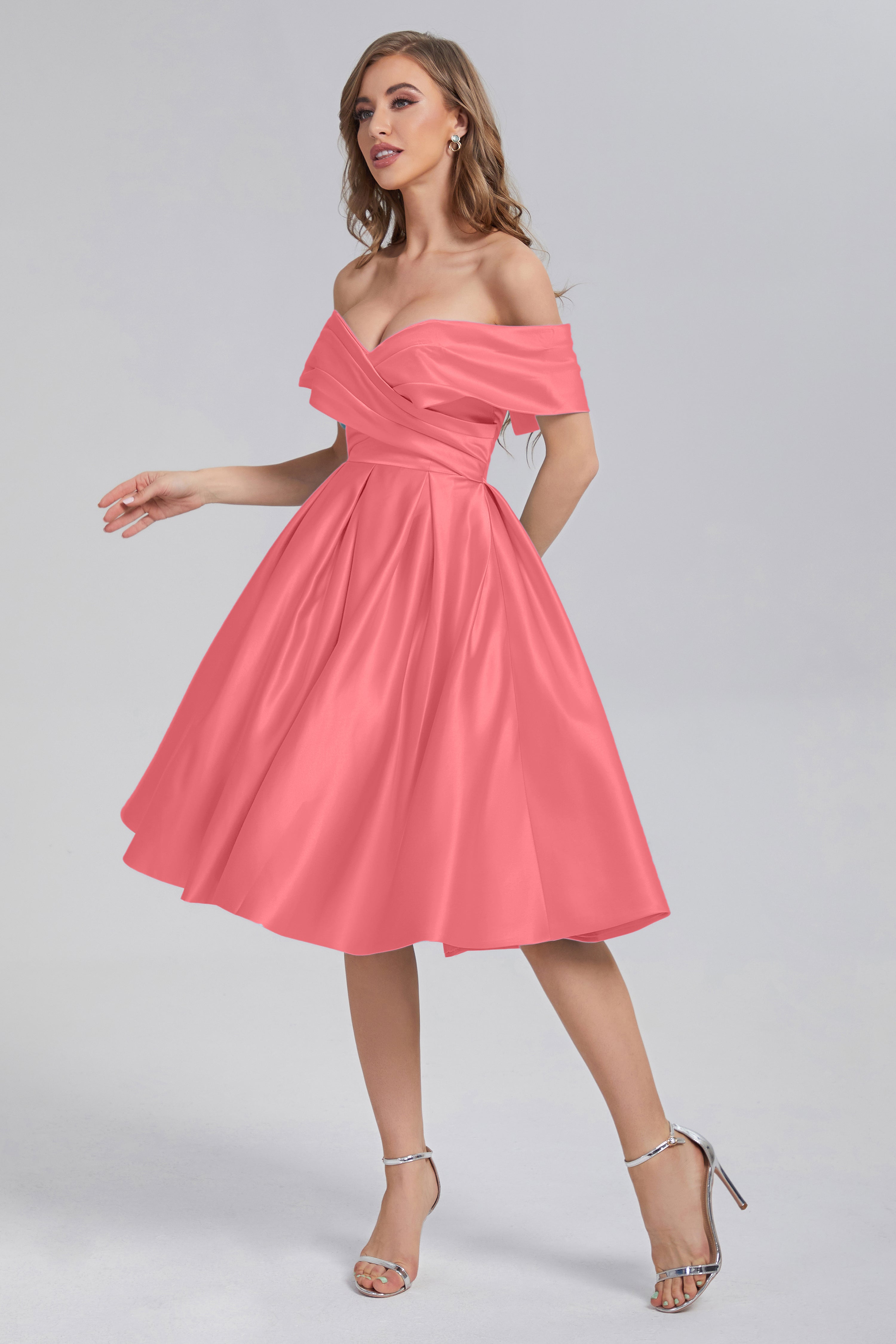 A-line Off the Shoulder Satin Short Prom Dresses