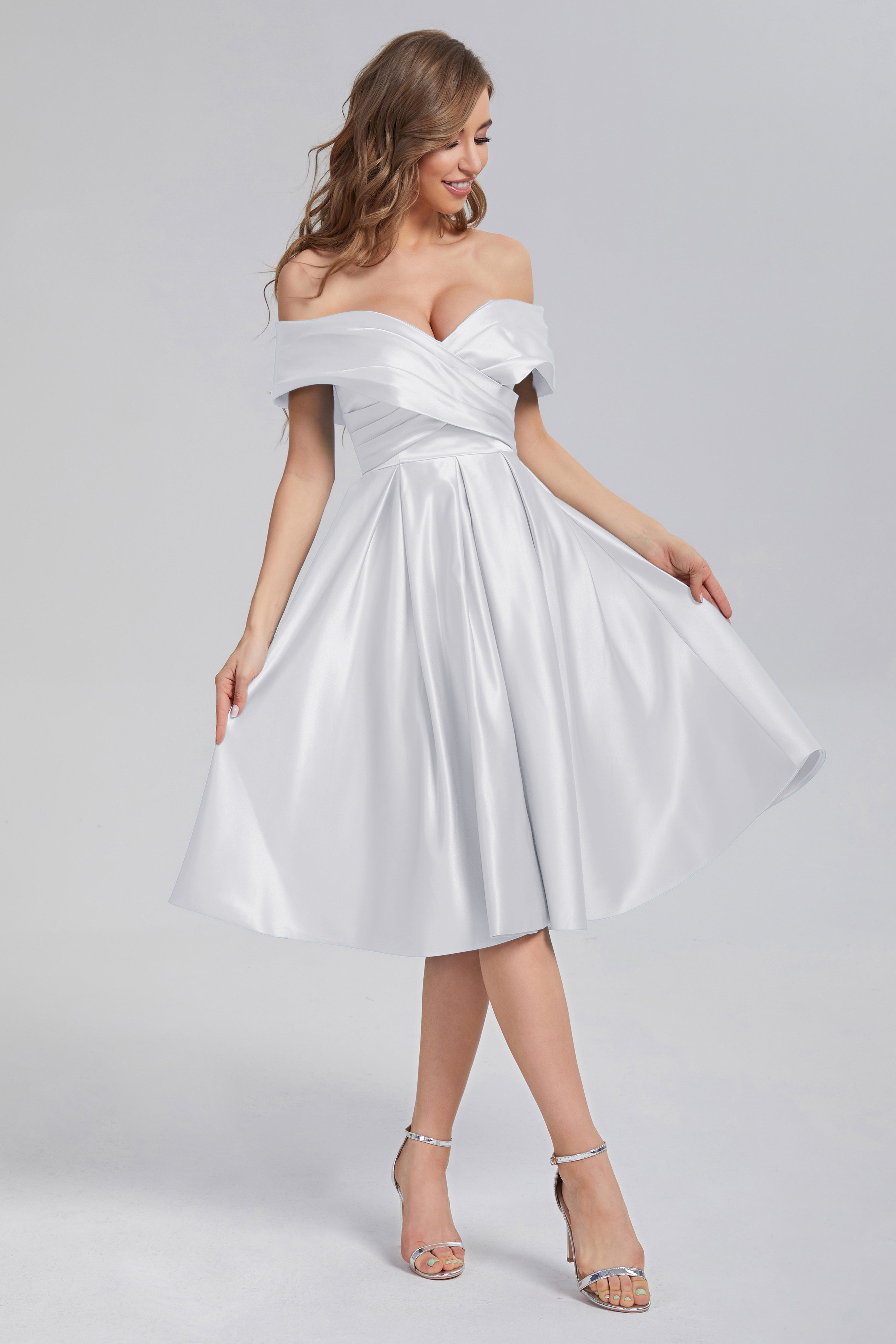 A-line Off the Shoulder Satin Short Prom Dresses