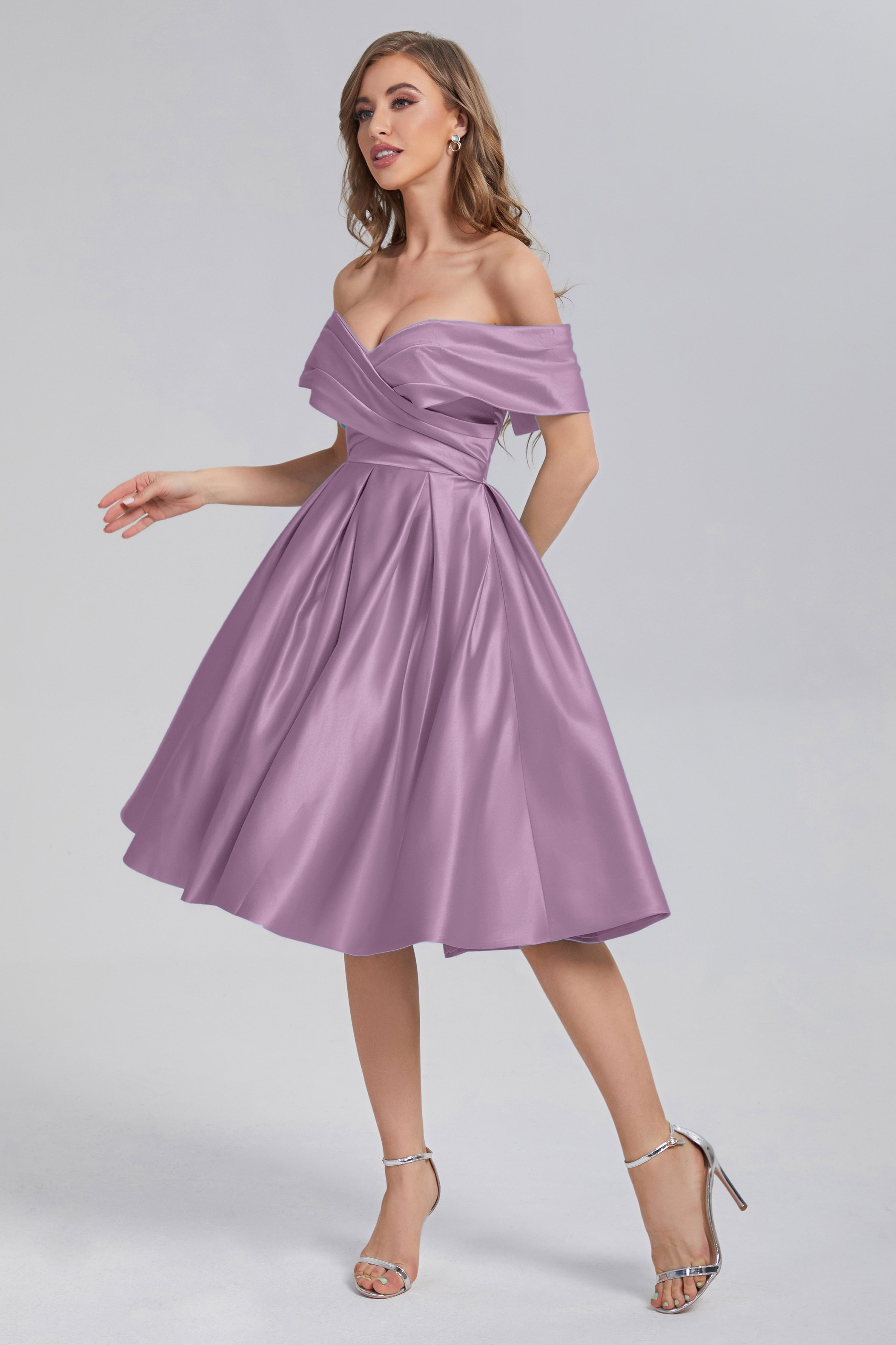 A-line Off the Shoulder Satin Short Prom Dresses