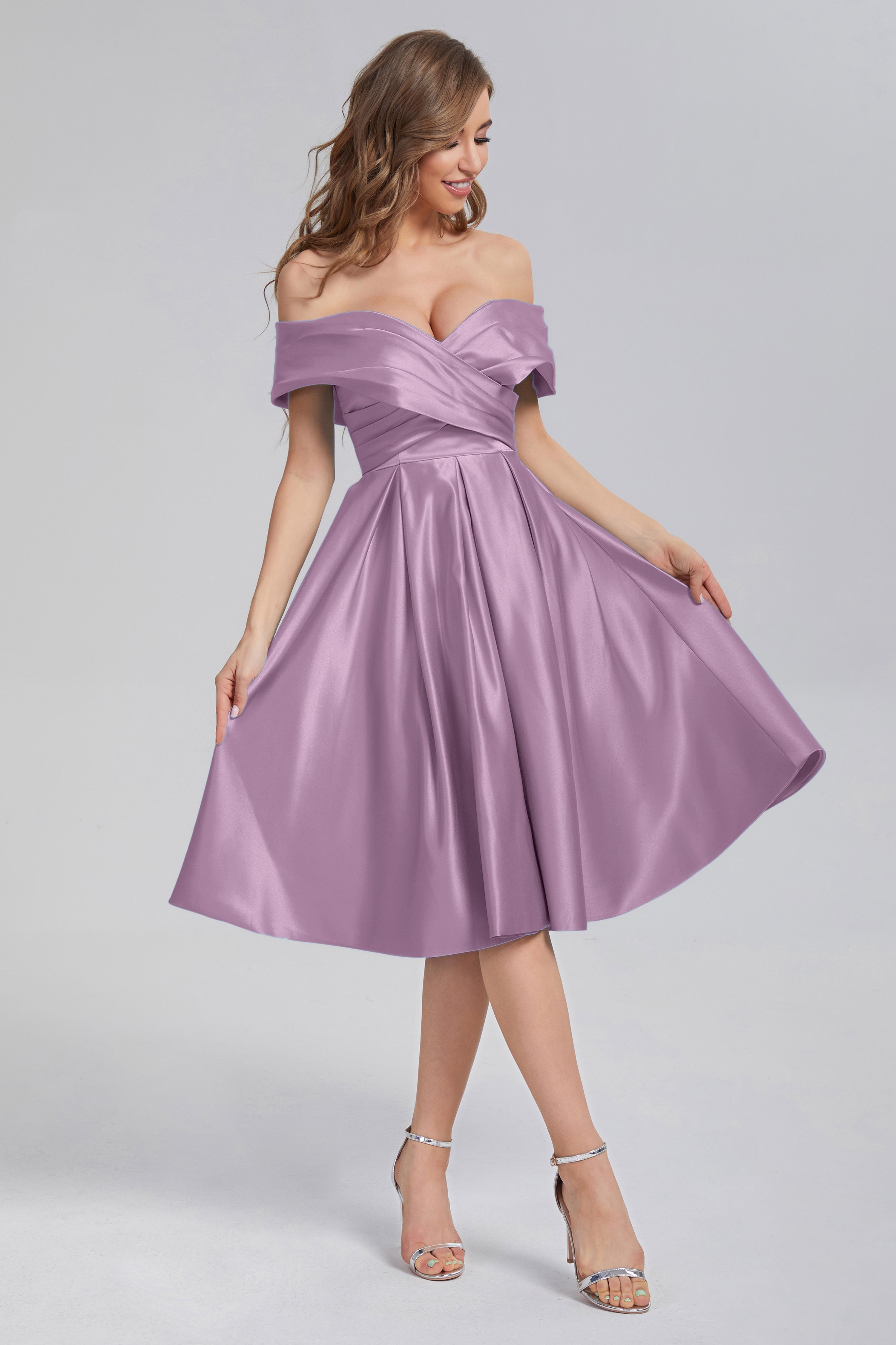 A-line Off the Shoulder Satin Short Prom Dresses