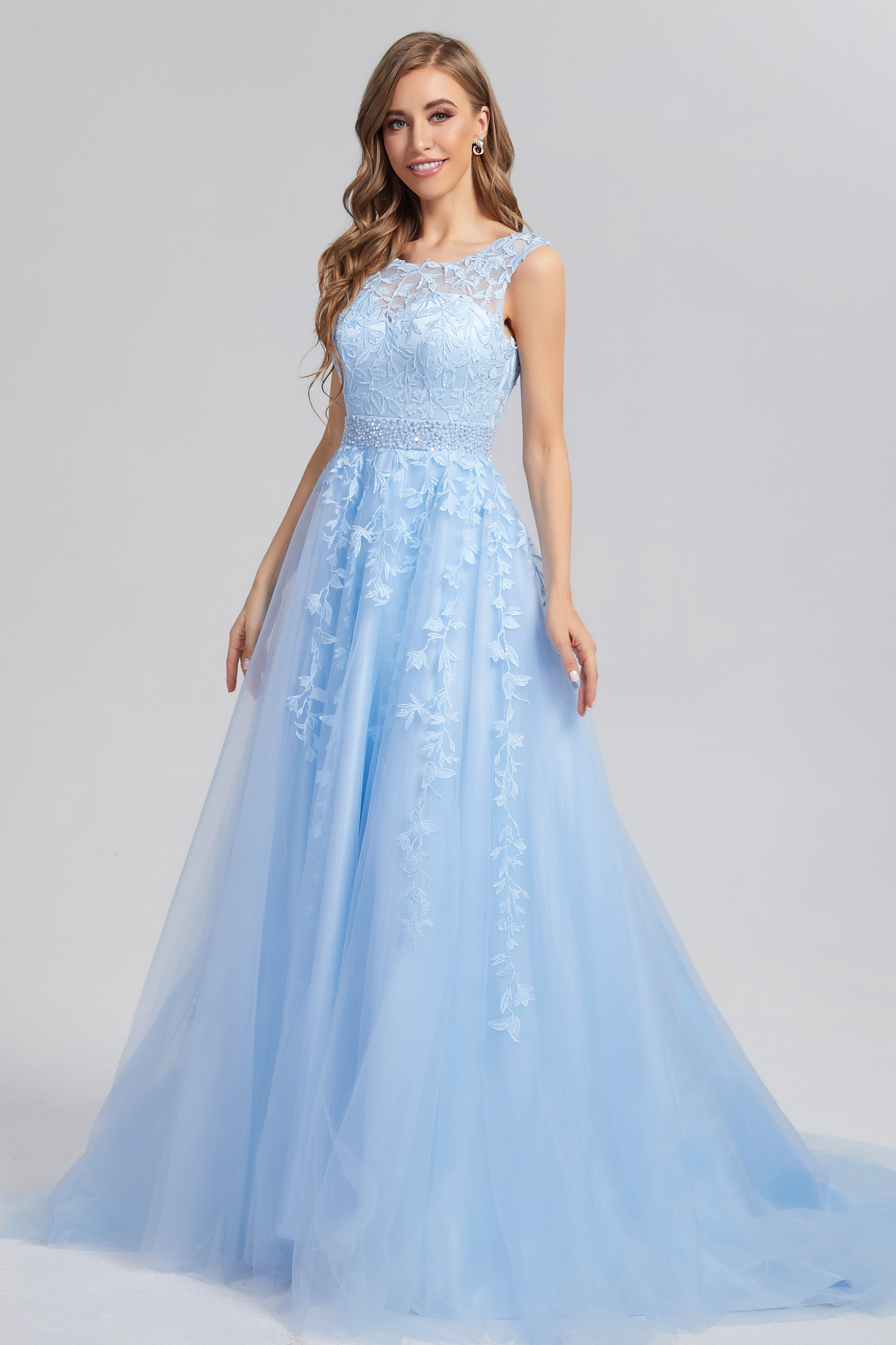 Appliques Lace up Prom Dresses with Pocket