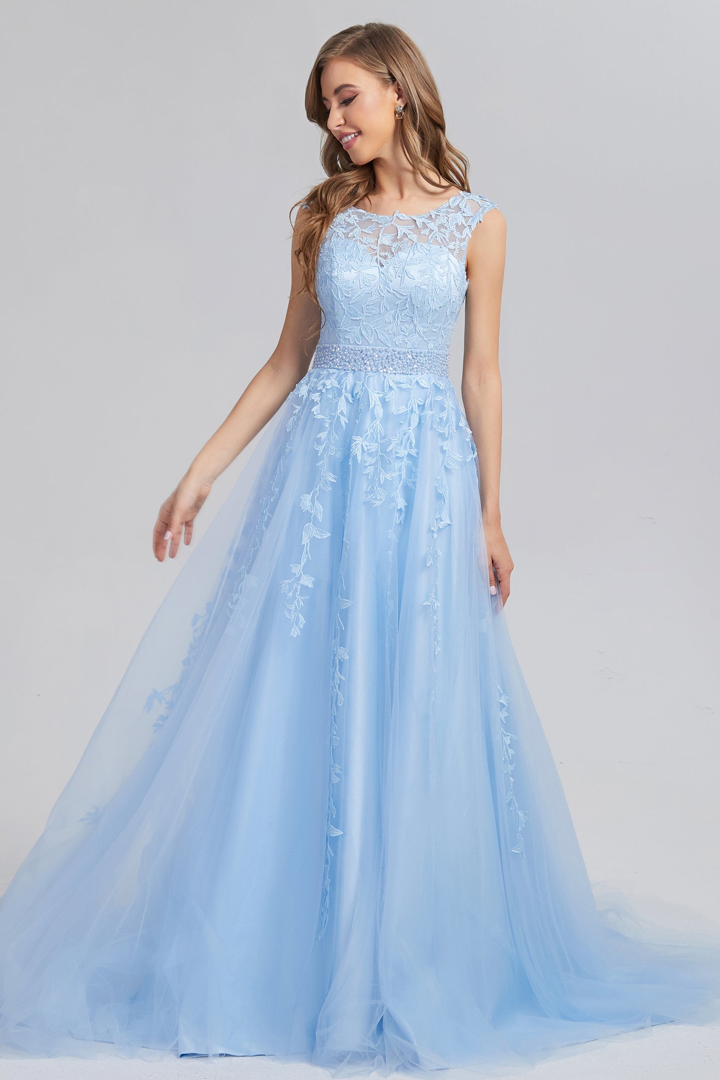 Appliques Lace up Prom Dresses with Pocket