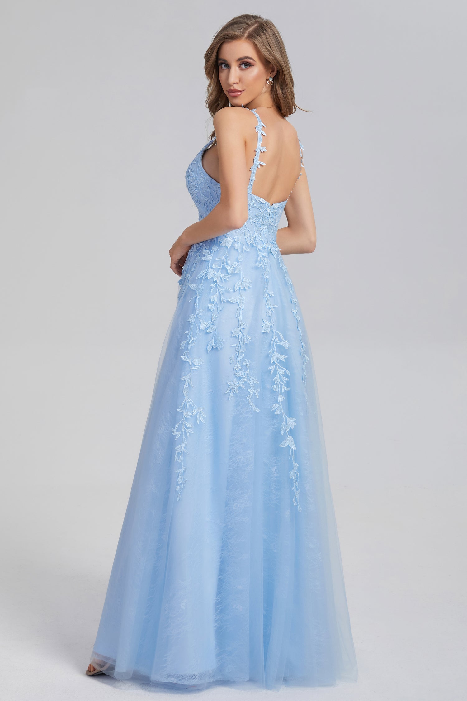 Light blue clearance backless prom dress