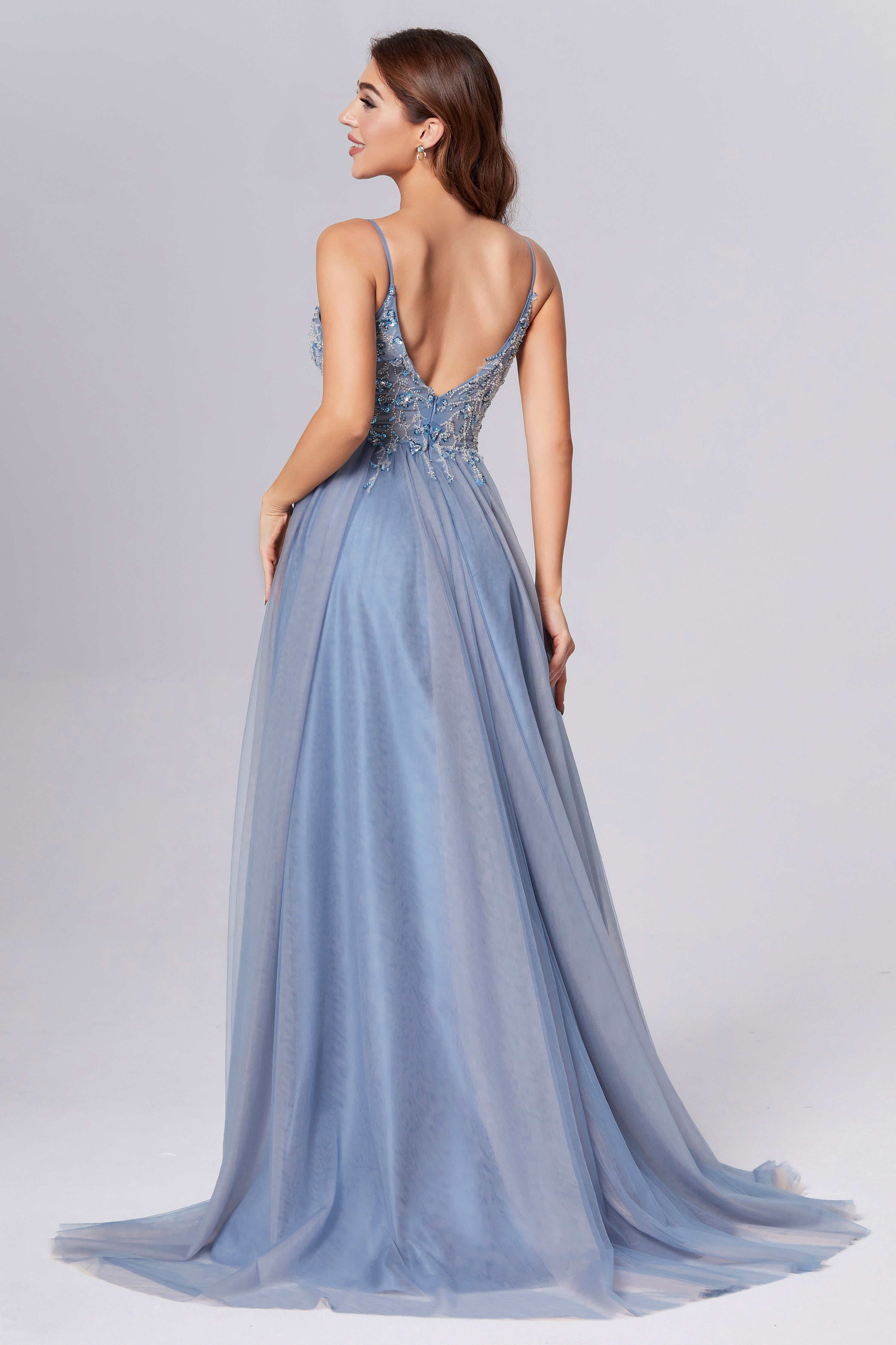 Beading Backless Elastic Satin Prom Dresses