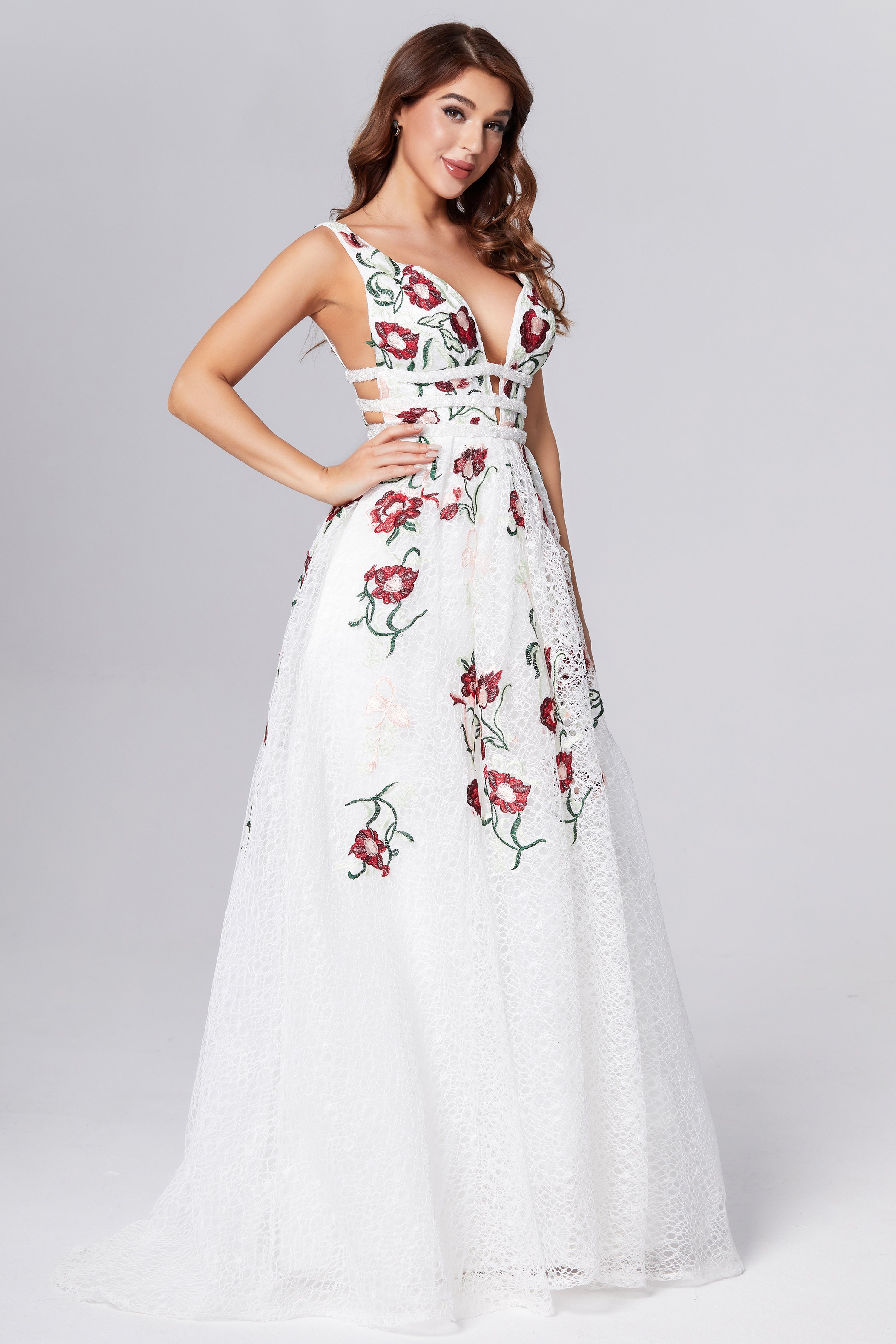 Floral Backless Lace Prom Dresses