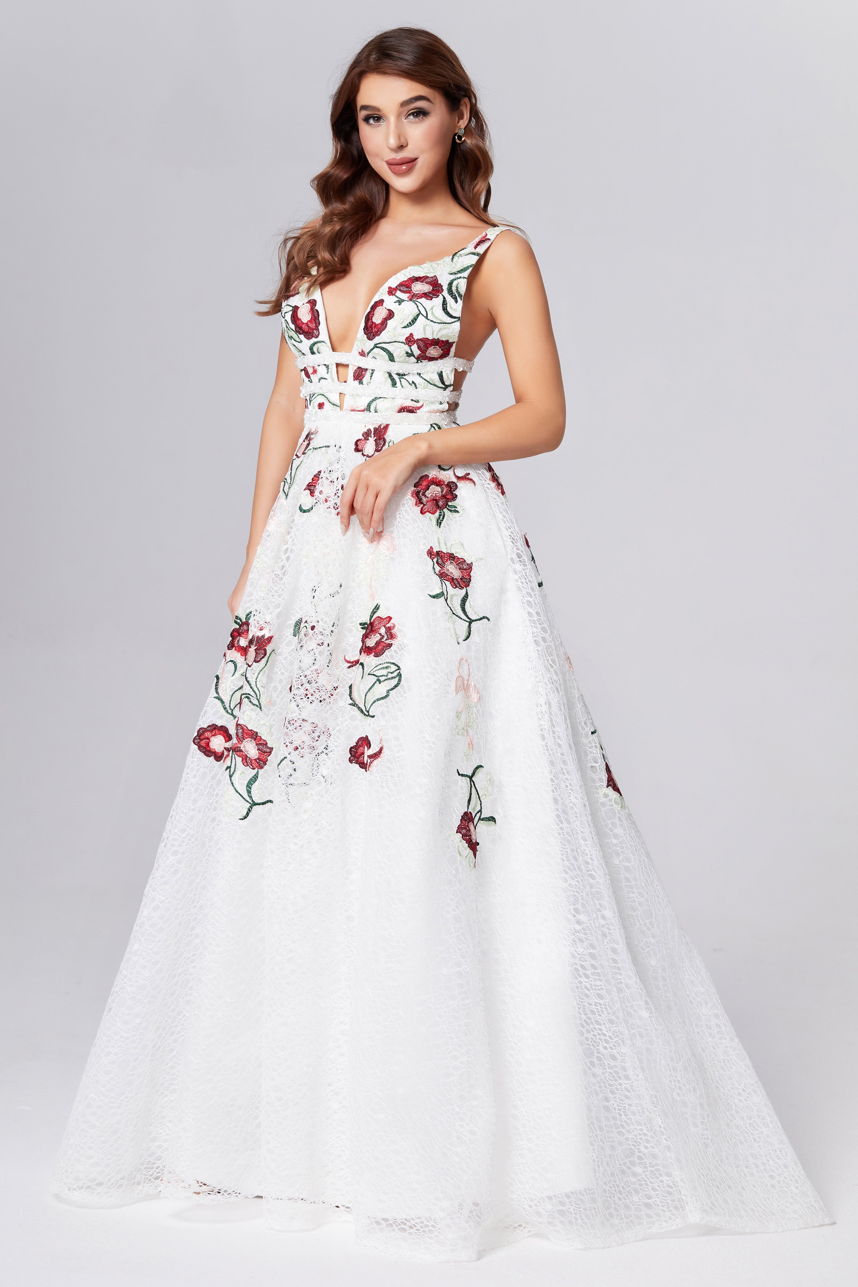 Floral white fashion prom dress