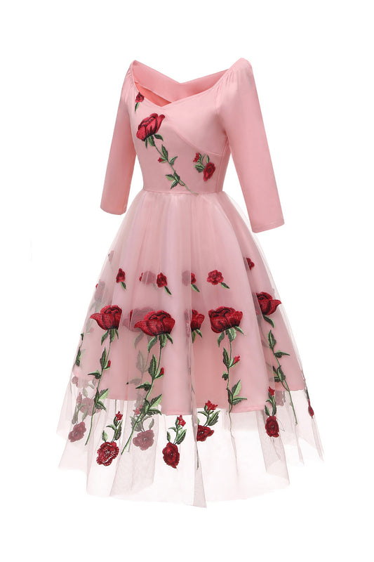 Floral Embroidery 3/4 Sleeve Vintage Dresses