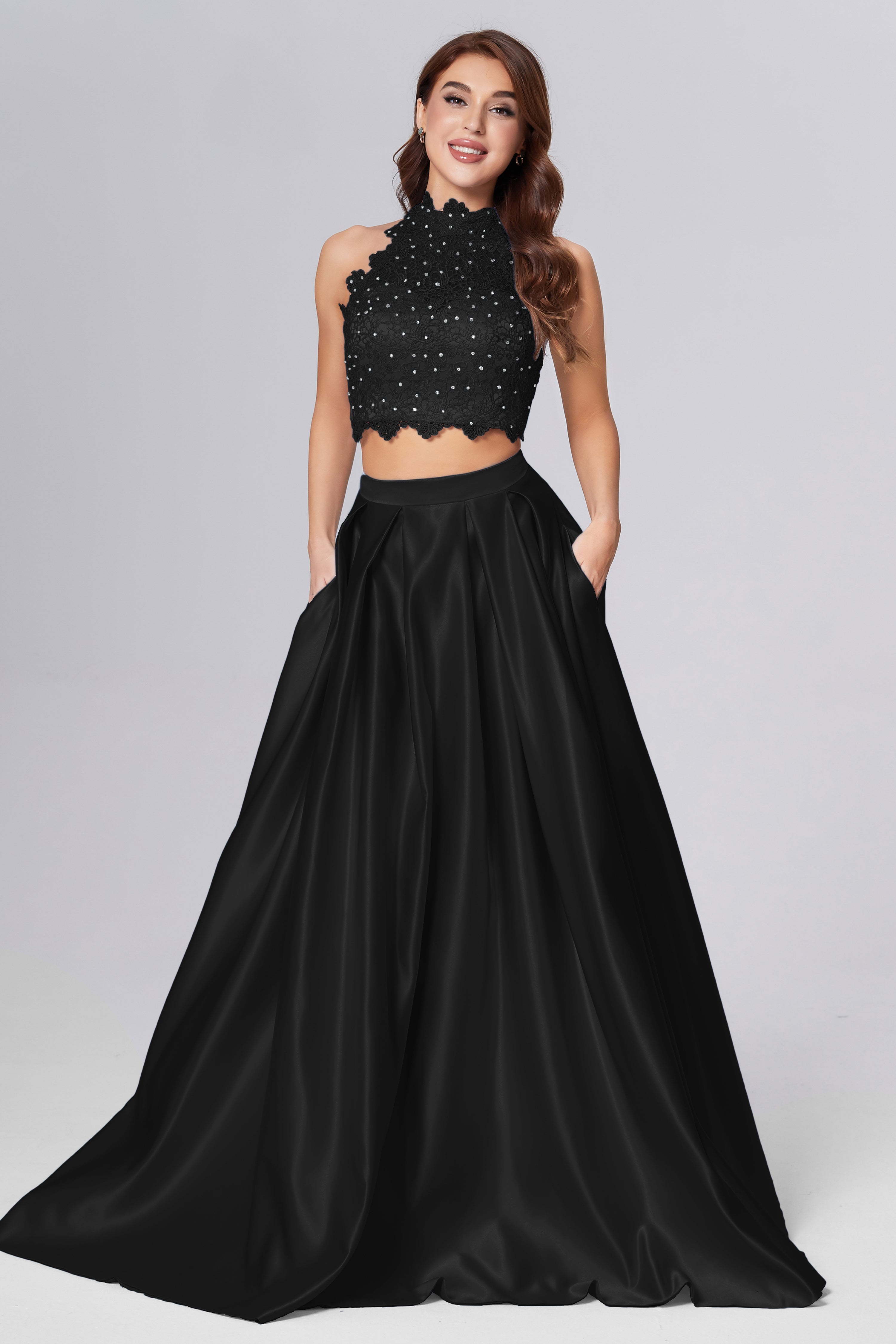 Halter 2 Piece Sleeveless Prom Dresses