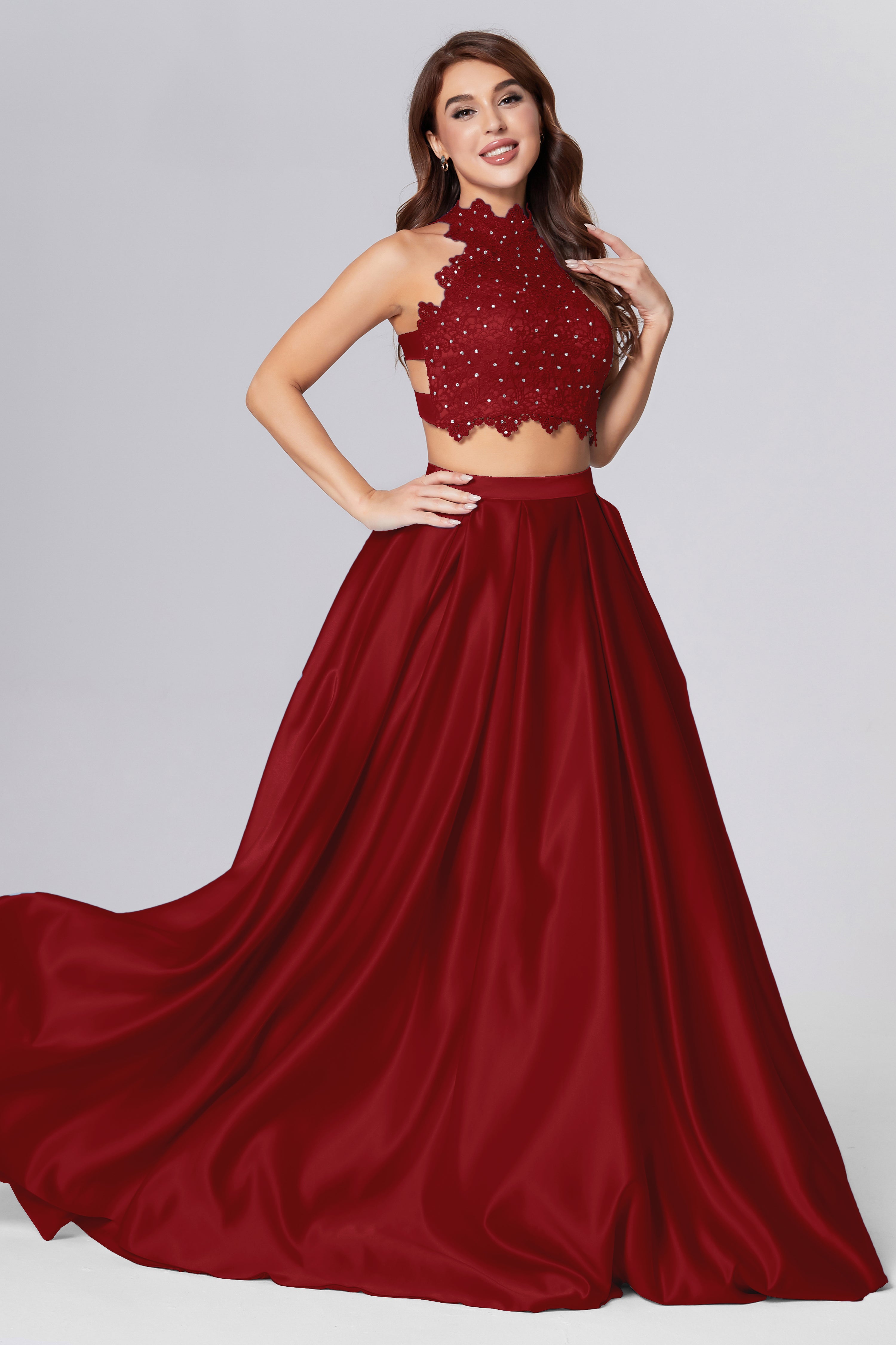 Halter 2-Piece Sleeveless Prom Dresses