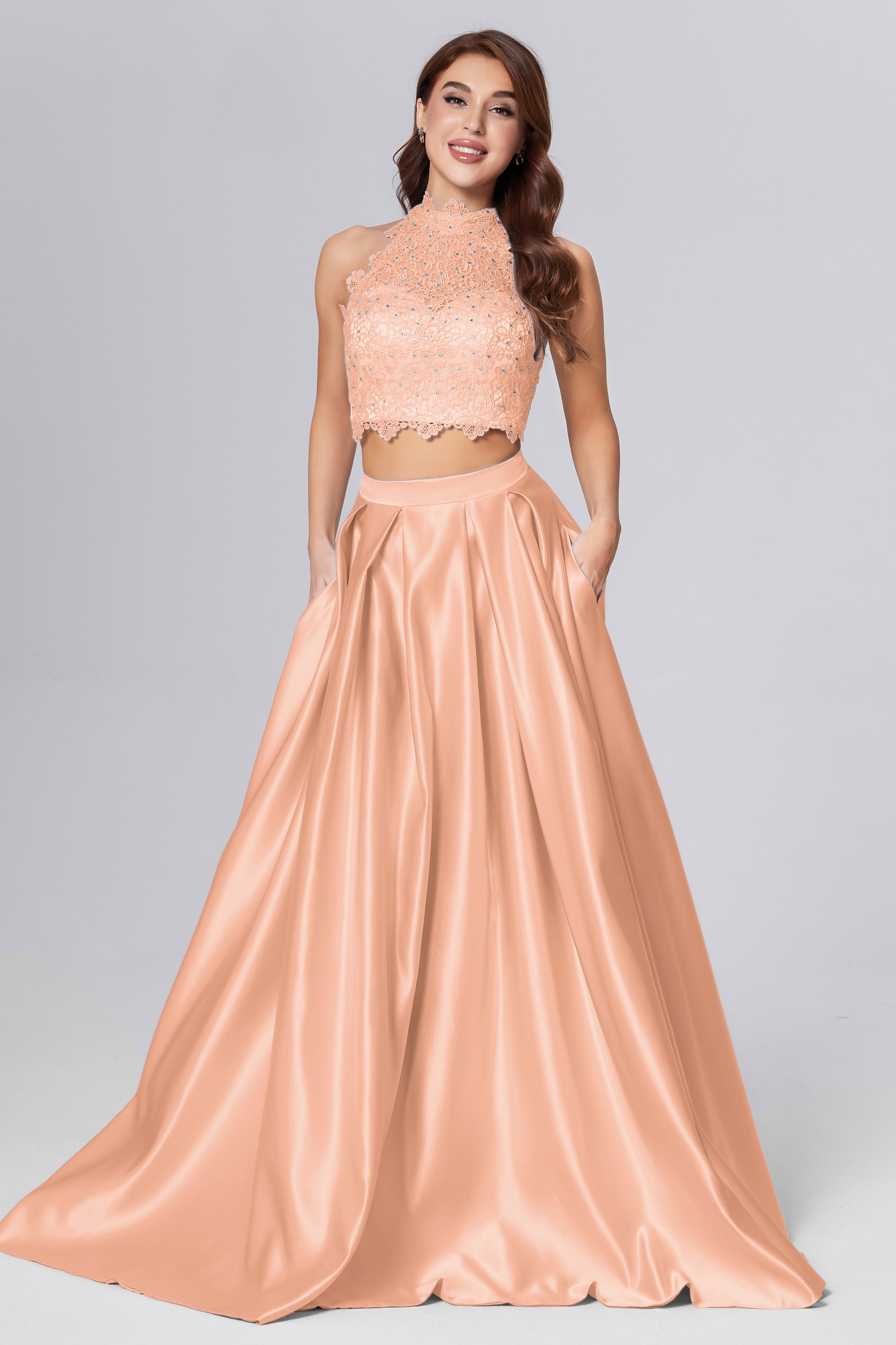 Halter 2-Piece Sleeveless Prom Dresses