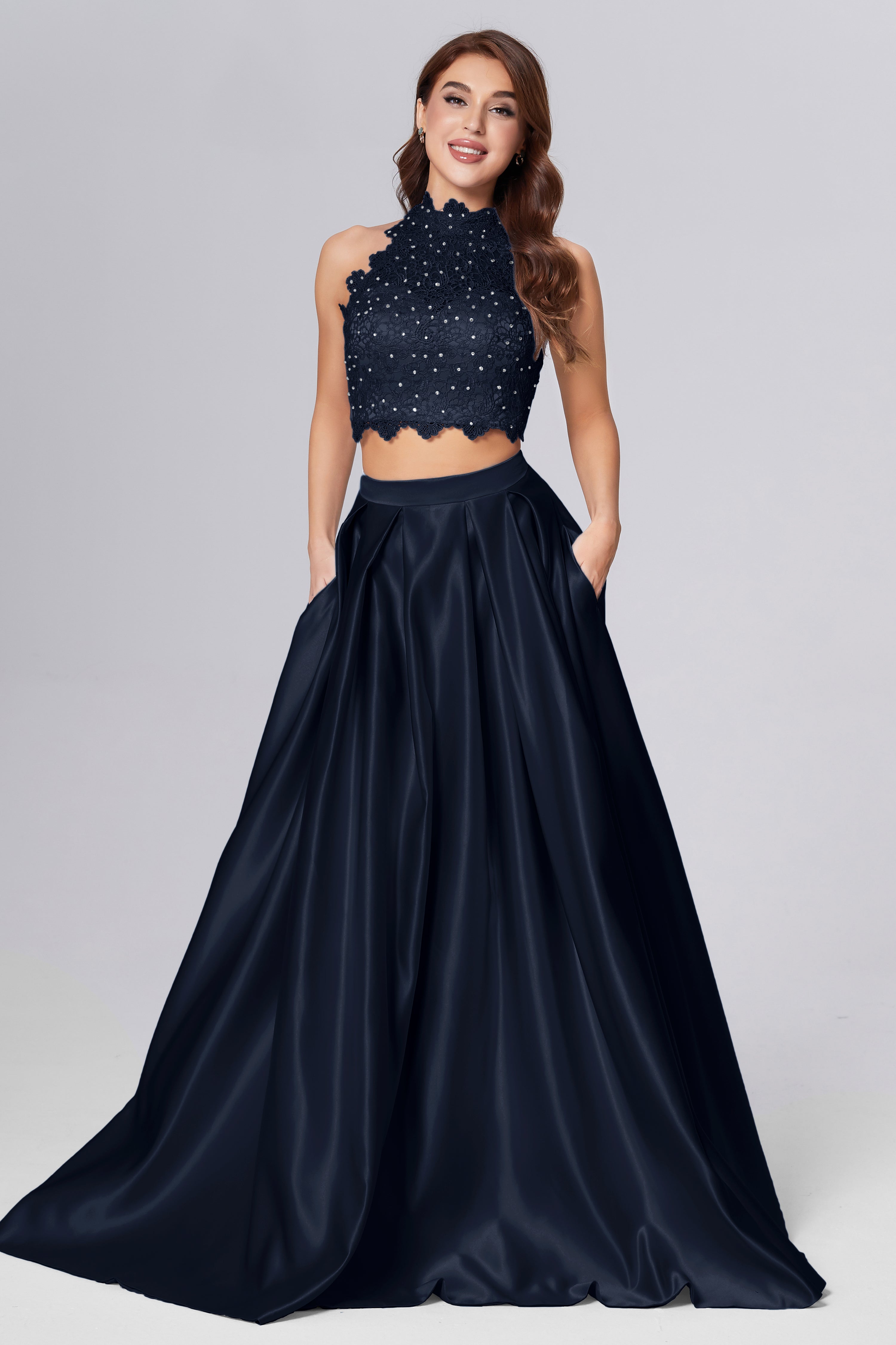 Halter 2-Piece Sleeveless Prom Dresses