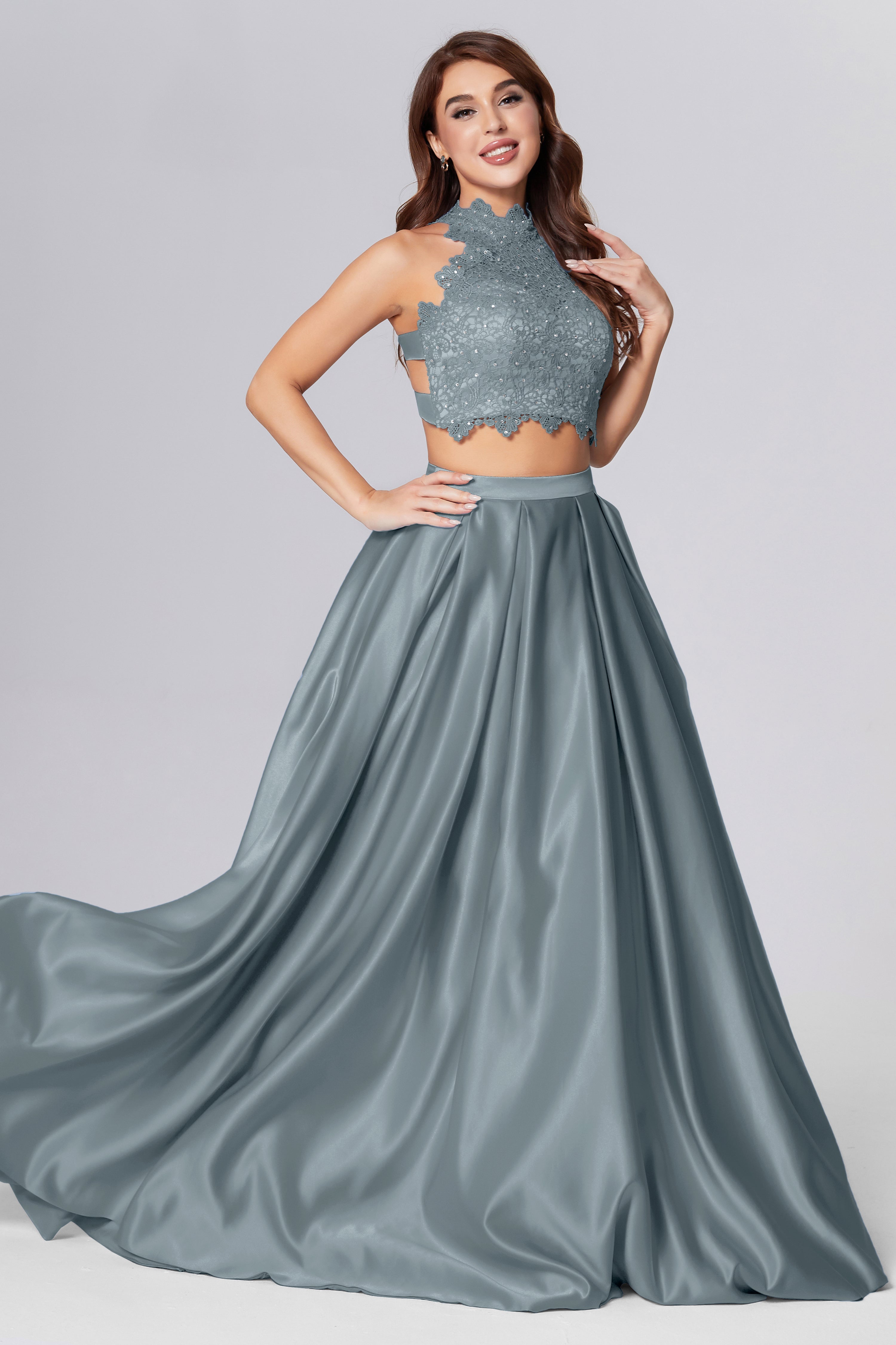 Halter 2-Piece Sleeveless Prom Dresses