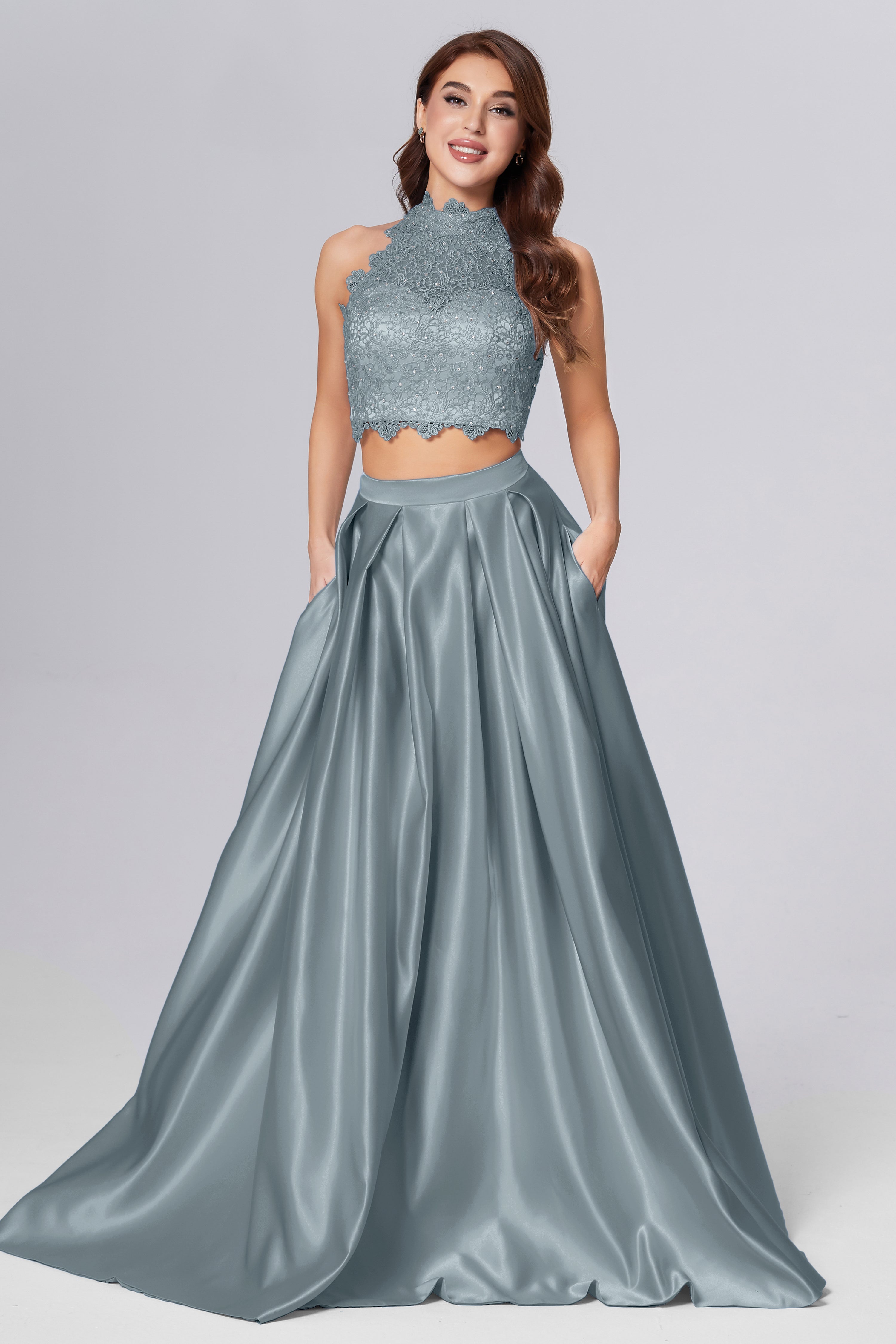 Halter 2-Piece Sleeveless Prom Dresses