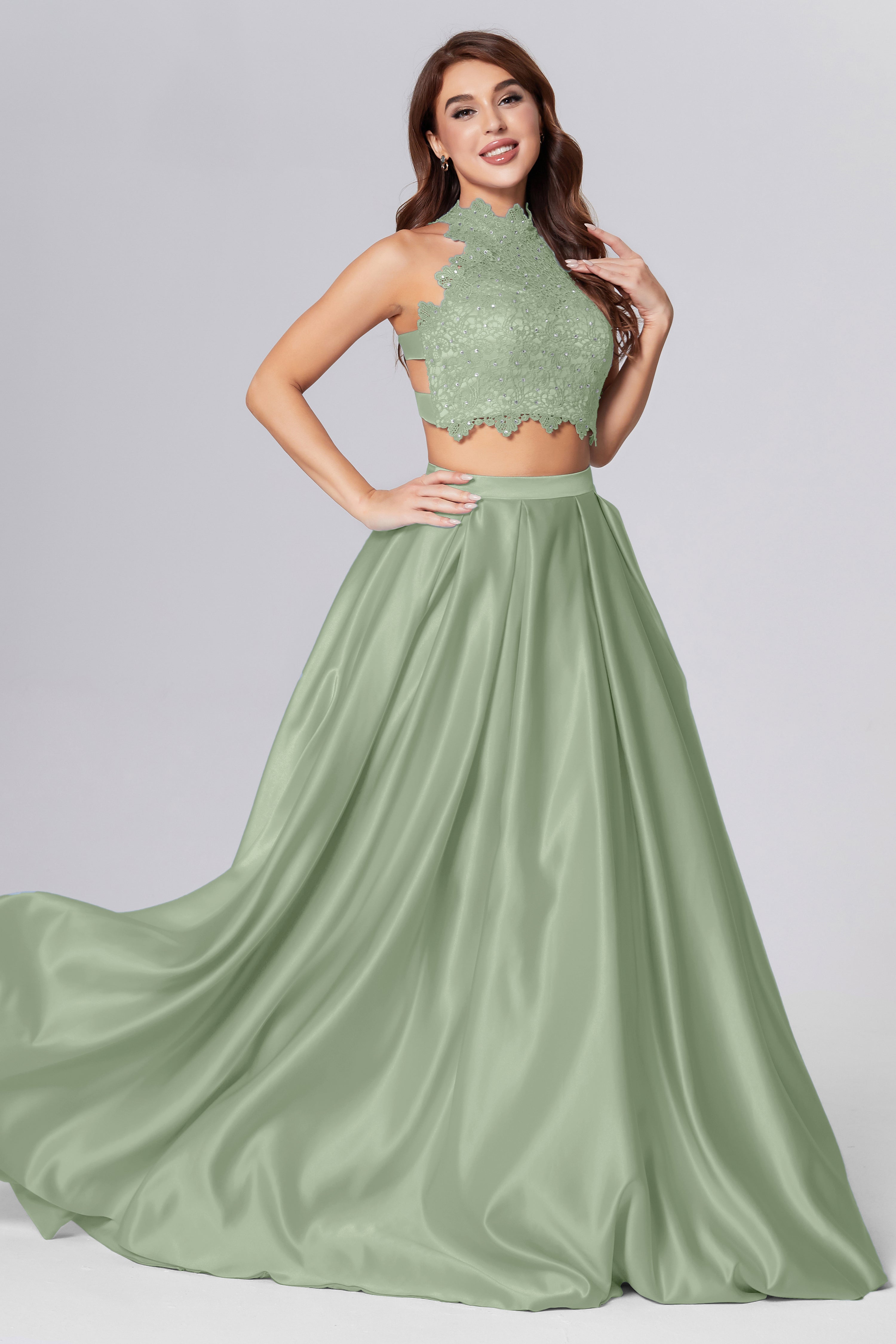 Halter 2-Piece Sleeveless Prom Dresses