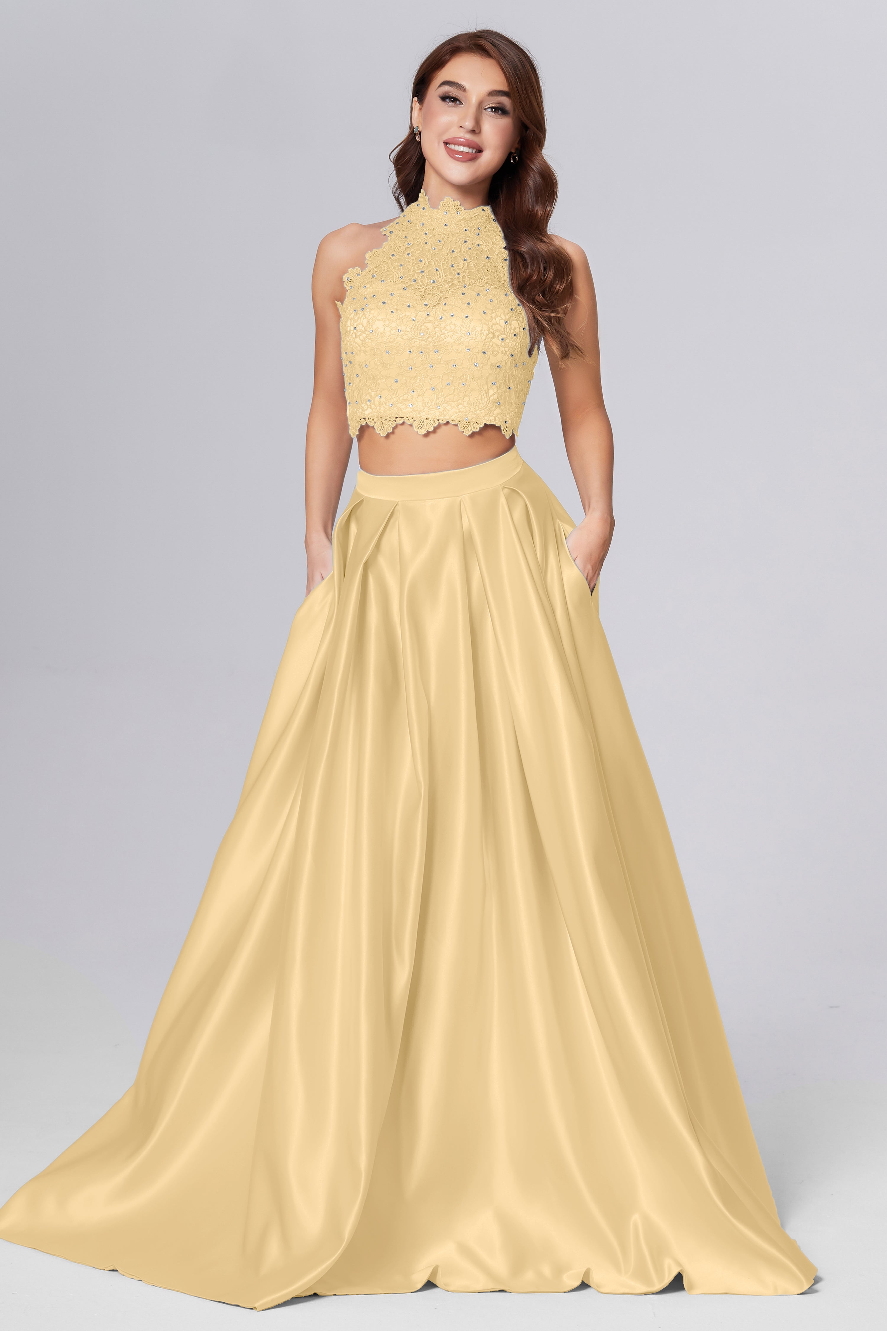 Halter 2-Piece Sleeveless Prom Dresses