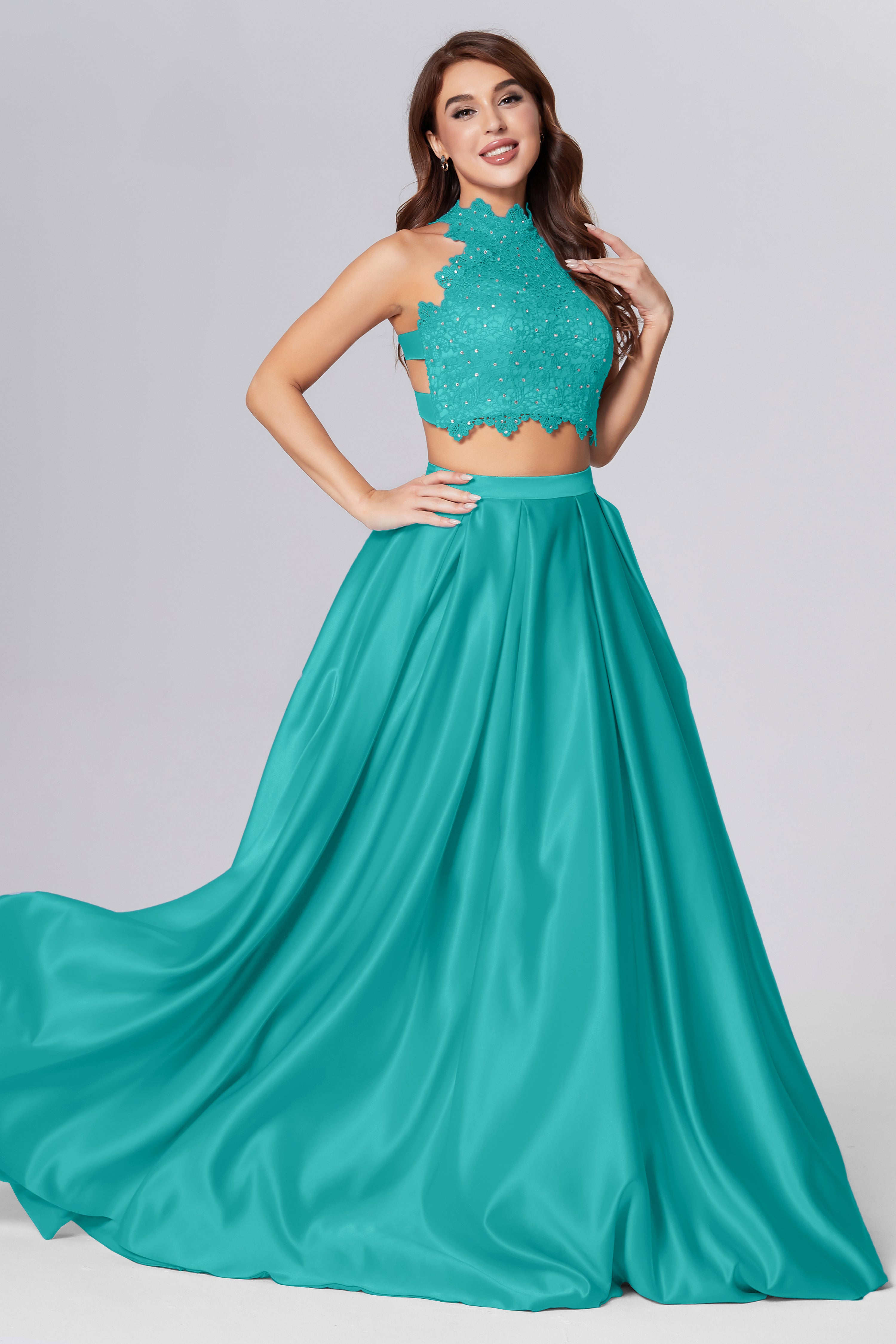 Halter 2-Piece Sleeveless Prom Dresses