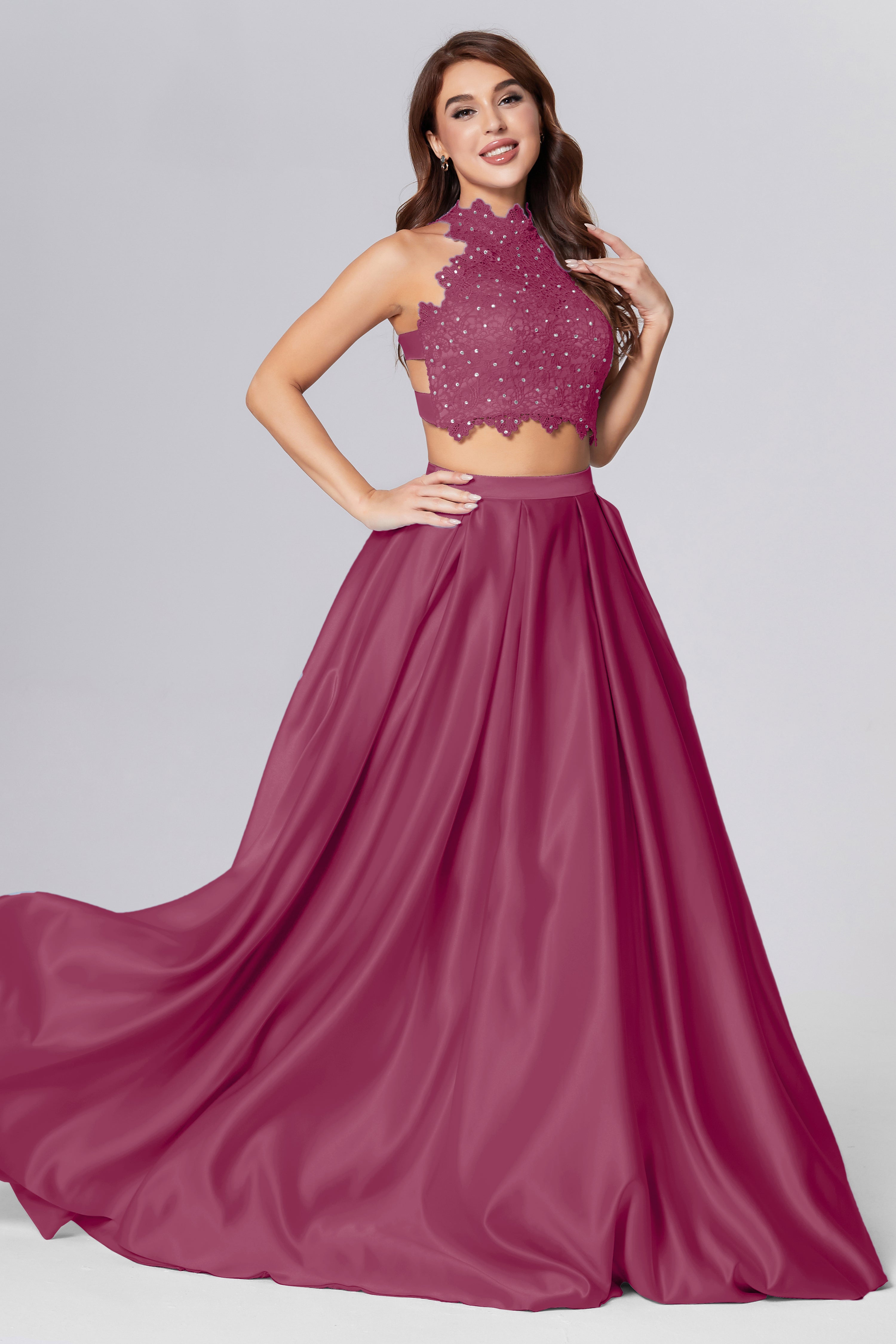 Halter 2-Piece Sleeveless Prom Dresses