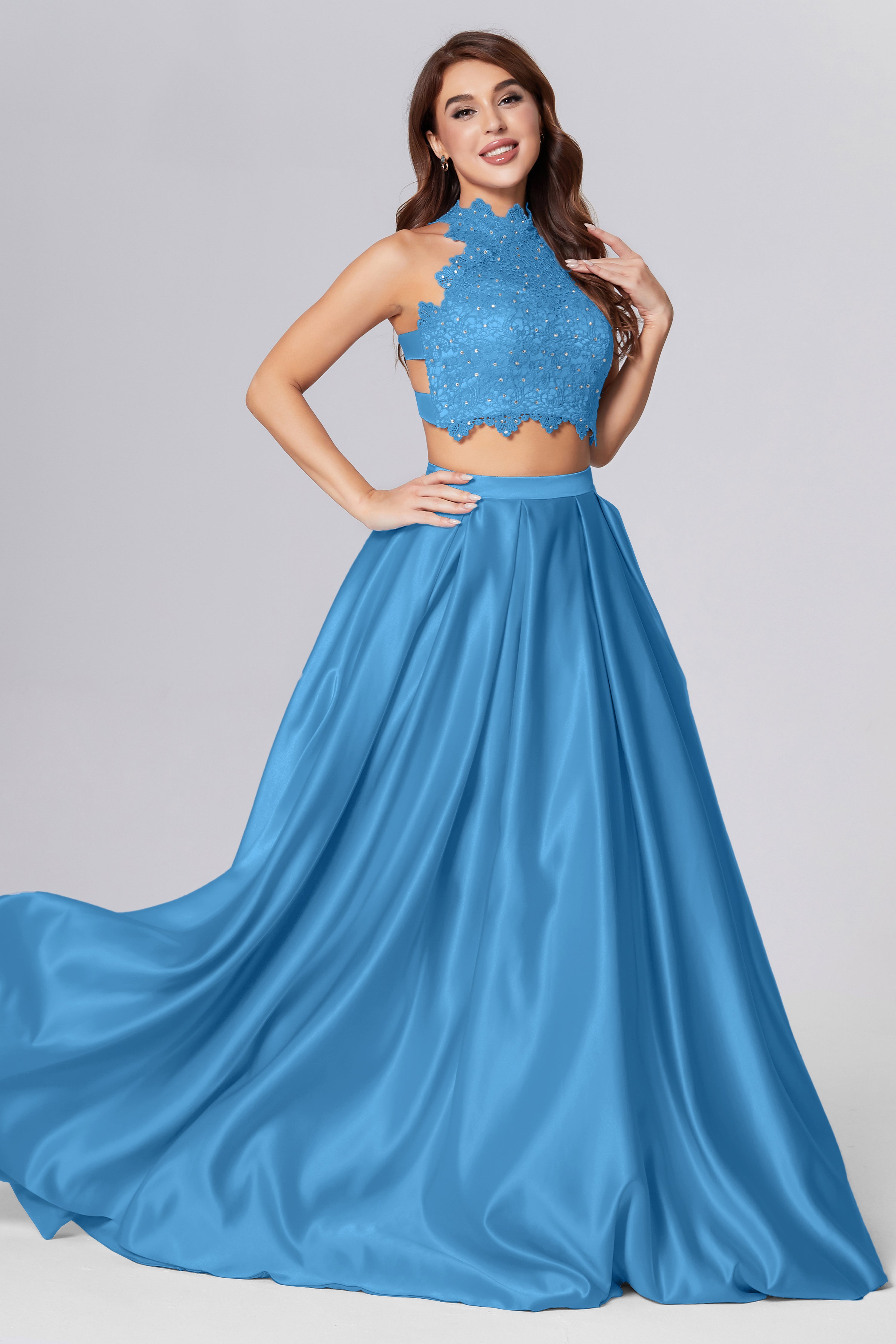 Halter 2-Piece Sleeveless Prom Dresses