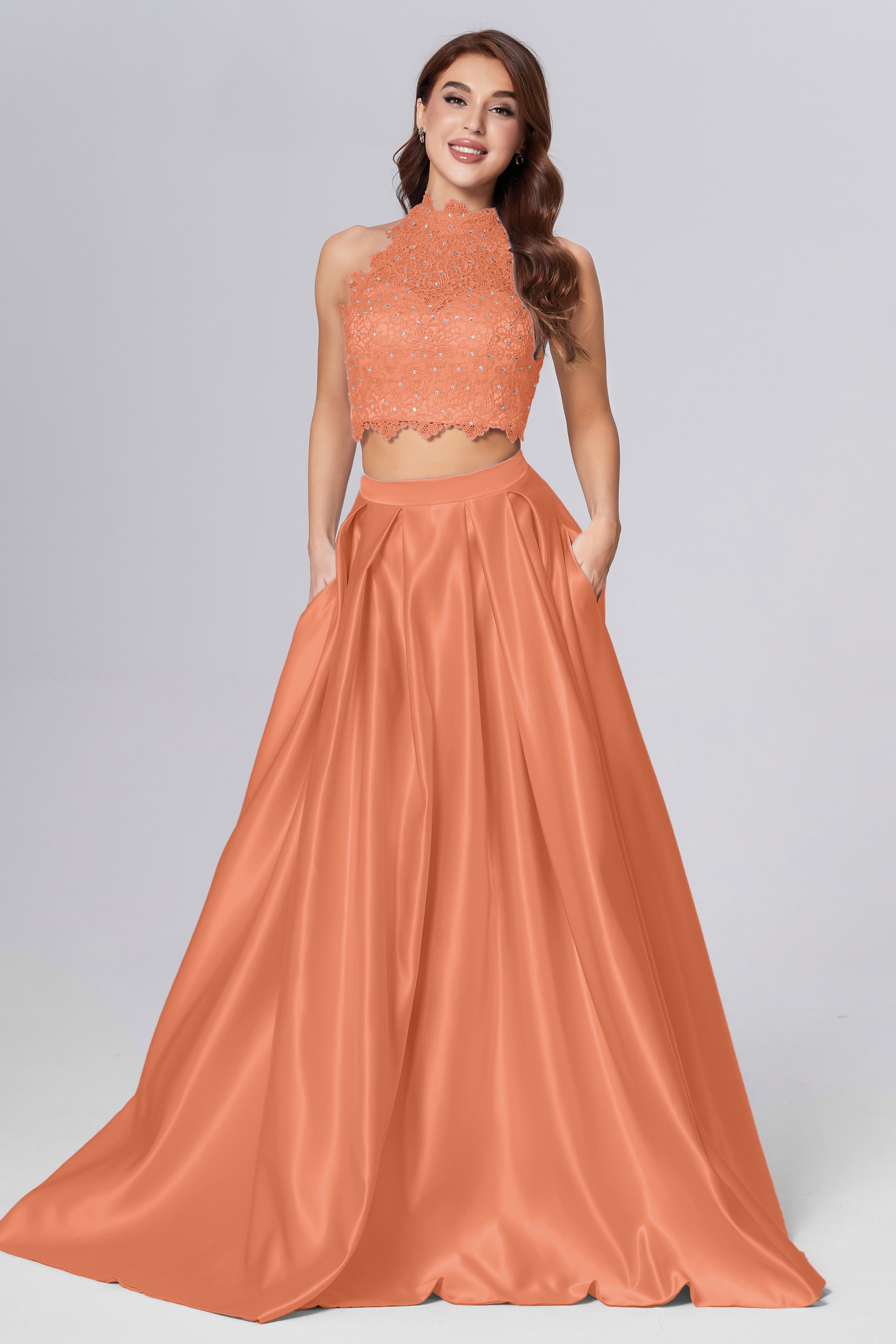 Halter 2-Piece Sleeveless Prom Dresses