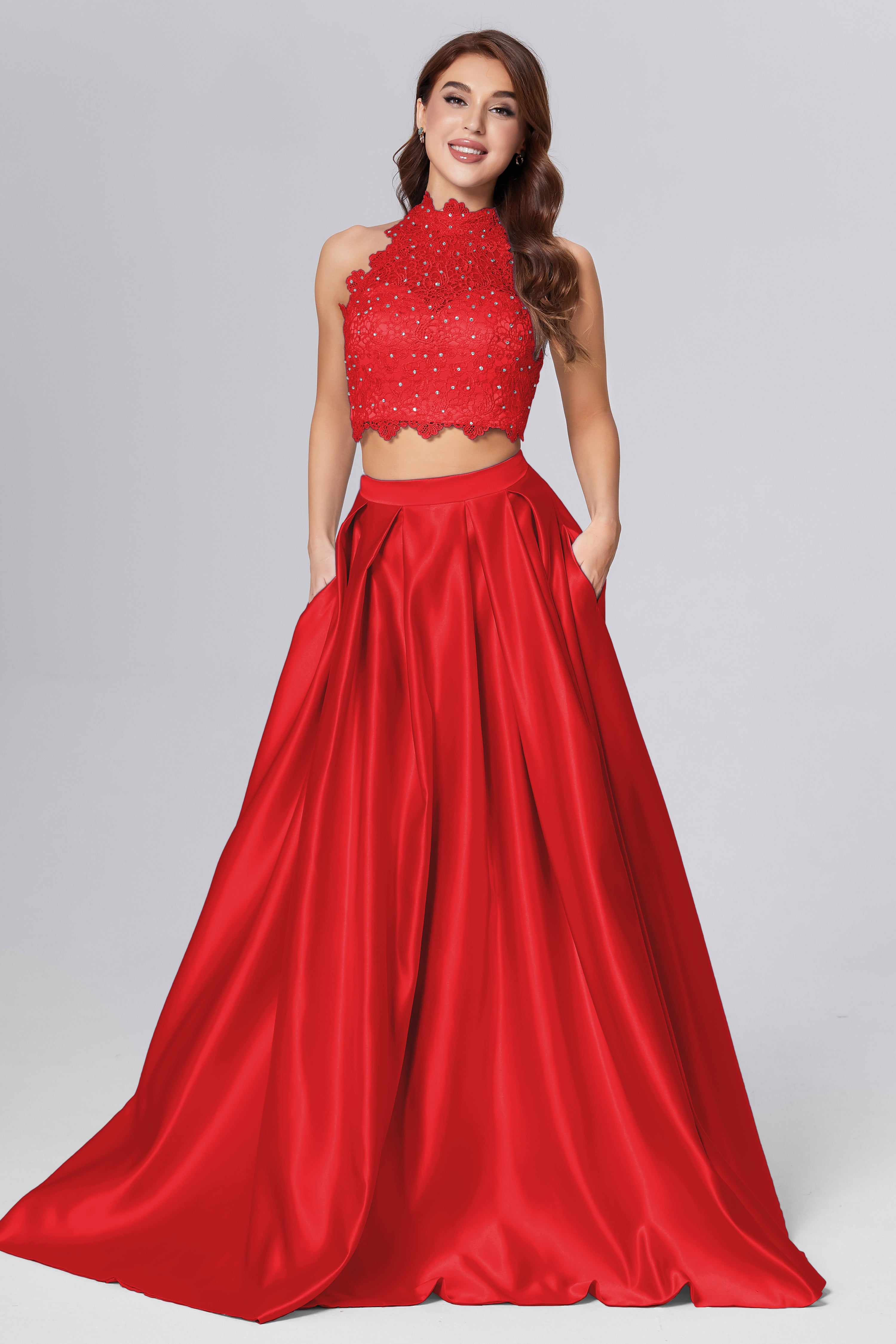 Halter 2-Piece Sleeveless Prom Dresses