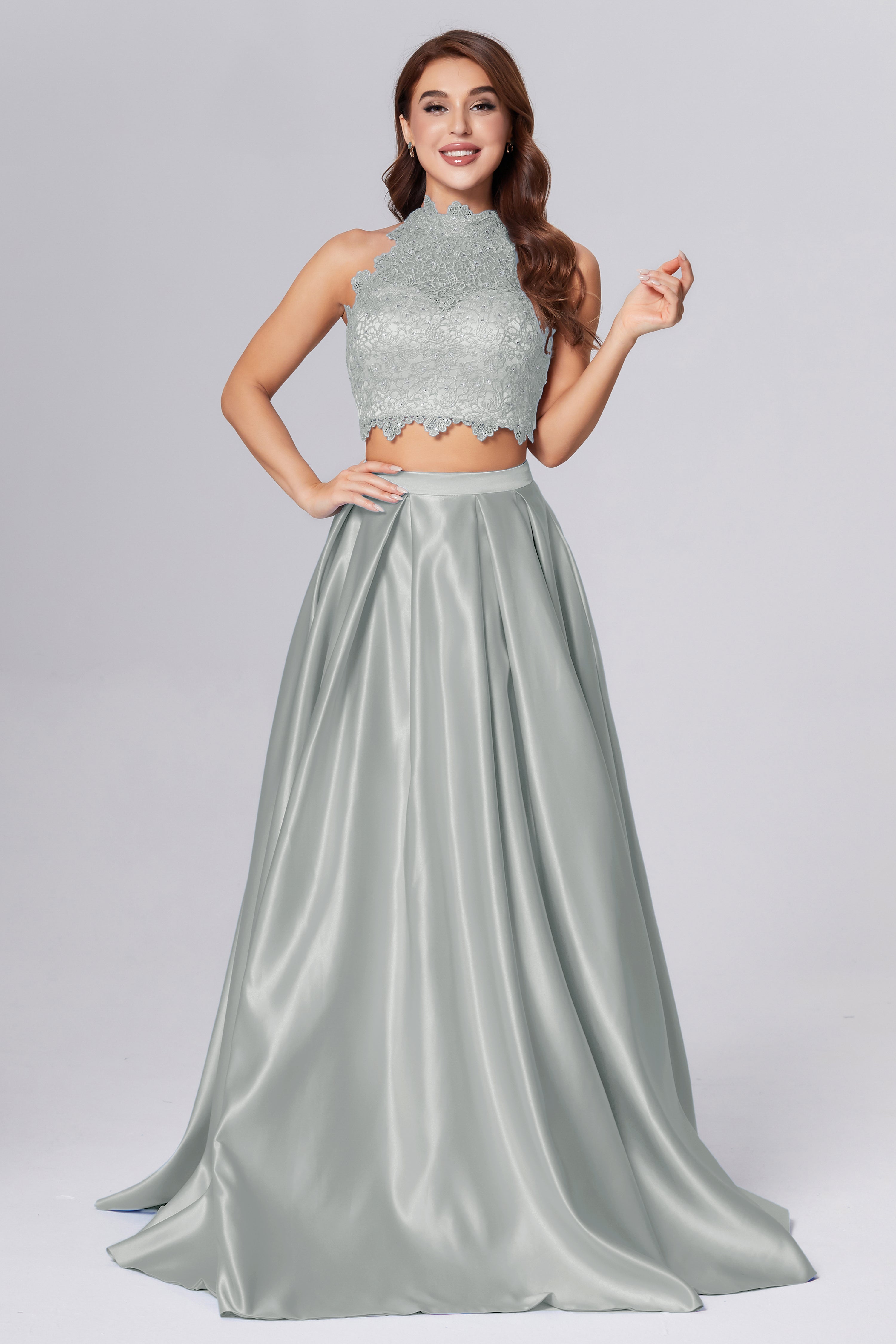 Halter 2 Piece Sleeveless Prom Dresses