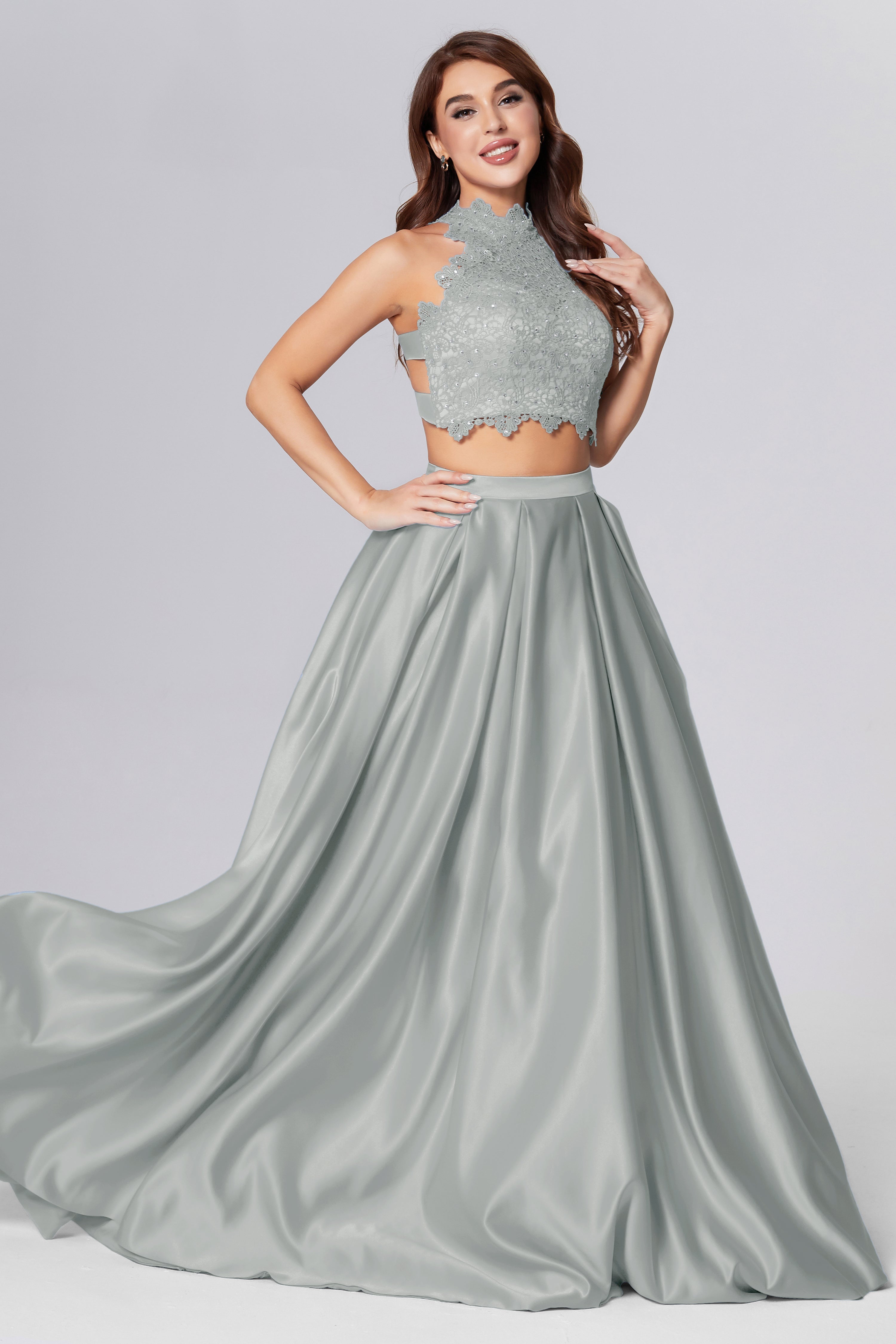 Halter 2-Piece Sleeveless Prom Dresses