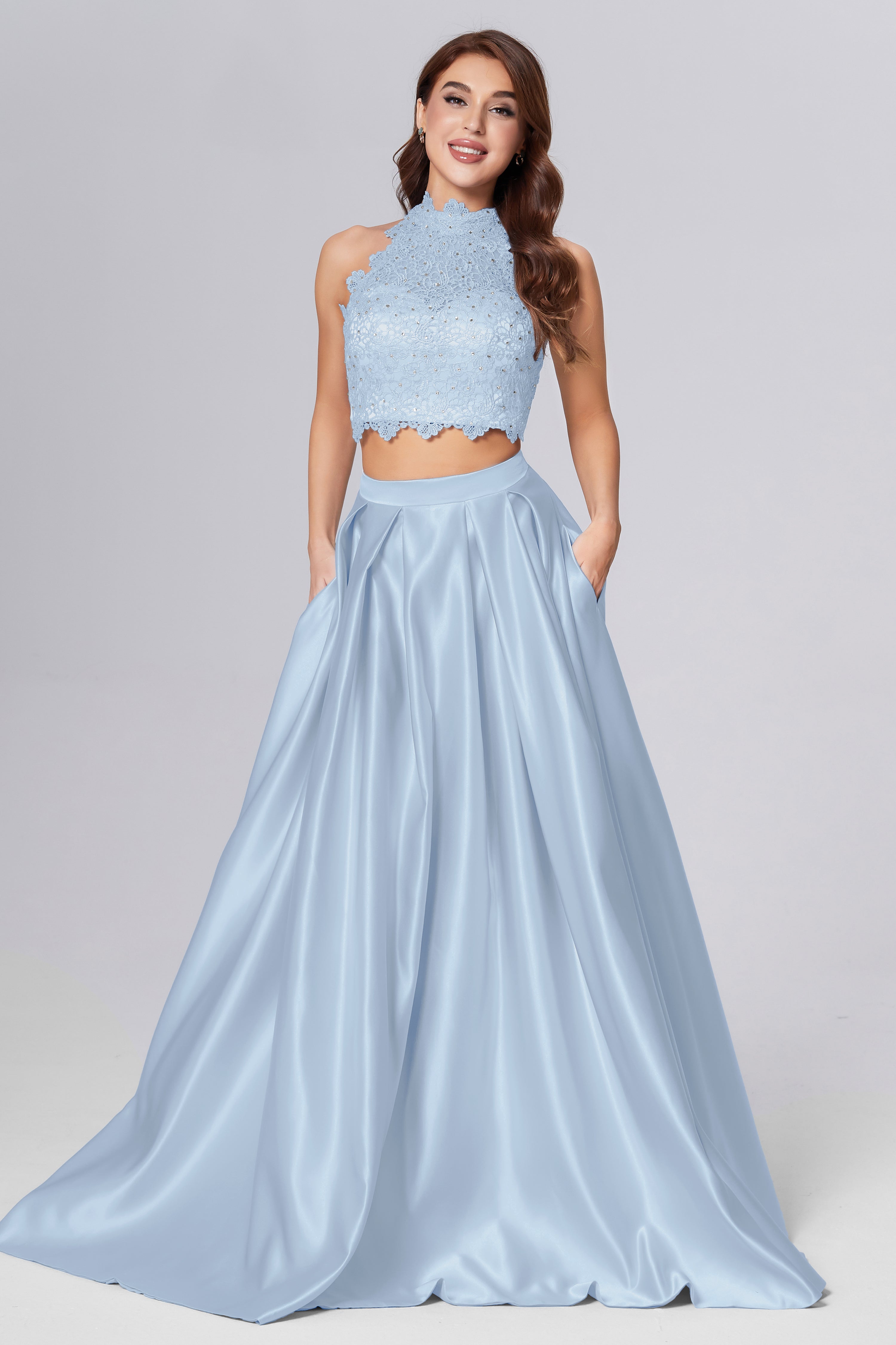 Halter 2-Piece Sleeveless Prom Dresses